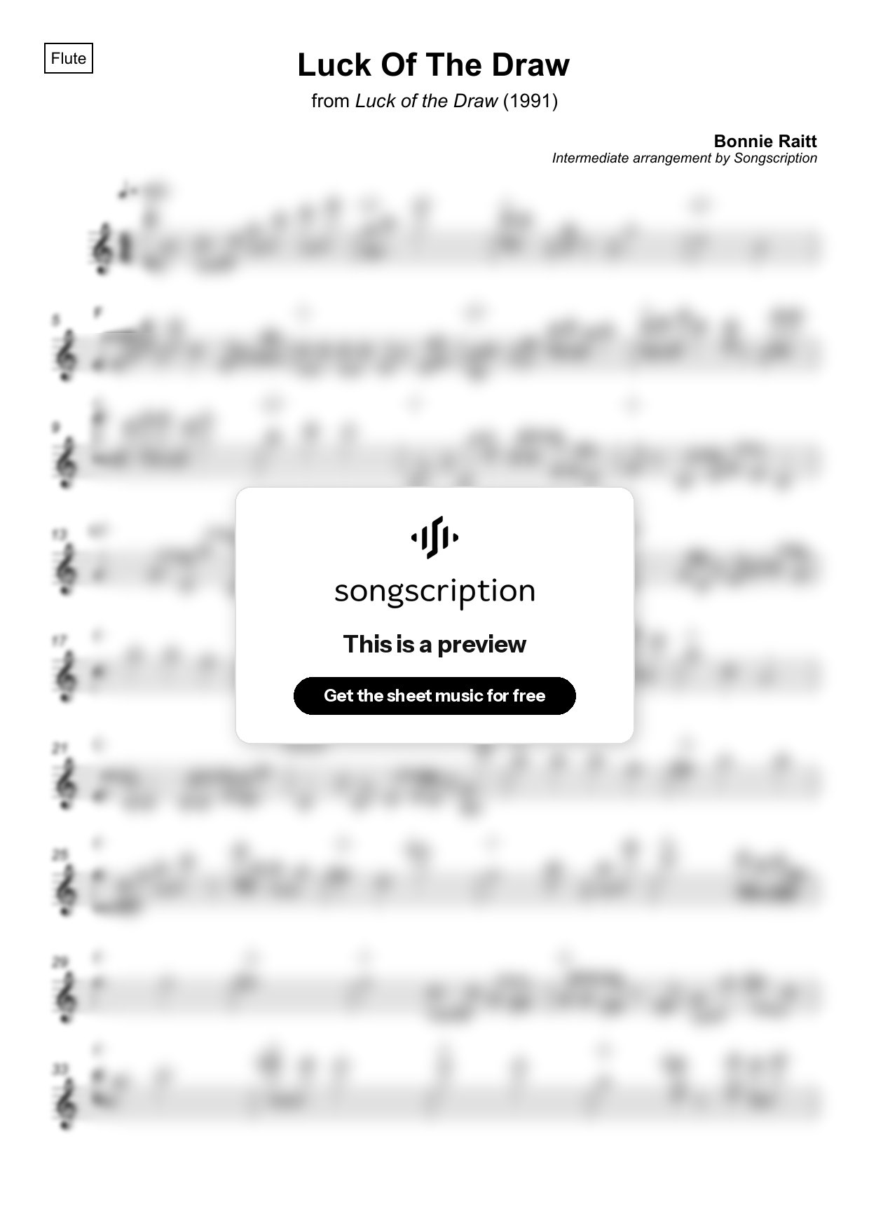 Intermediate Flute Sheet Music for "Luck Of The Draw" by Bonnie Raitt