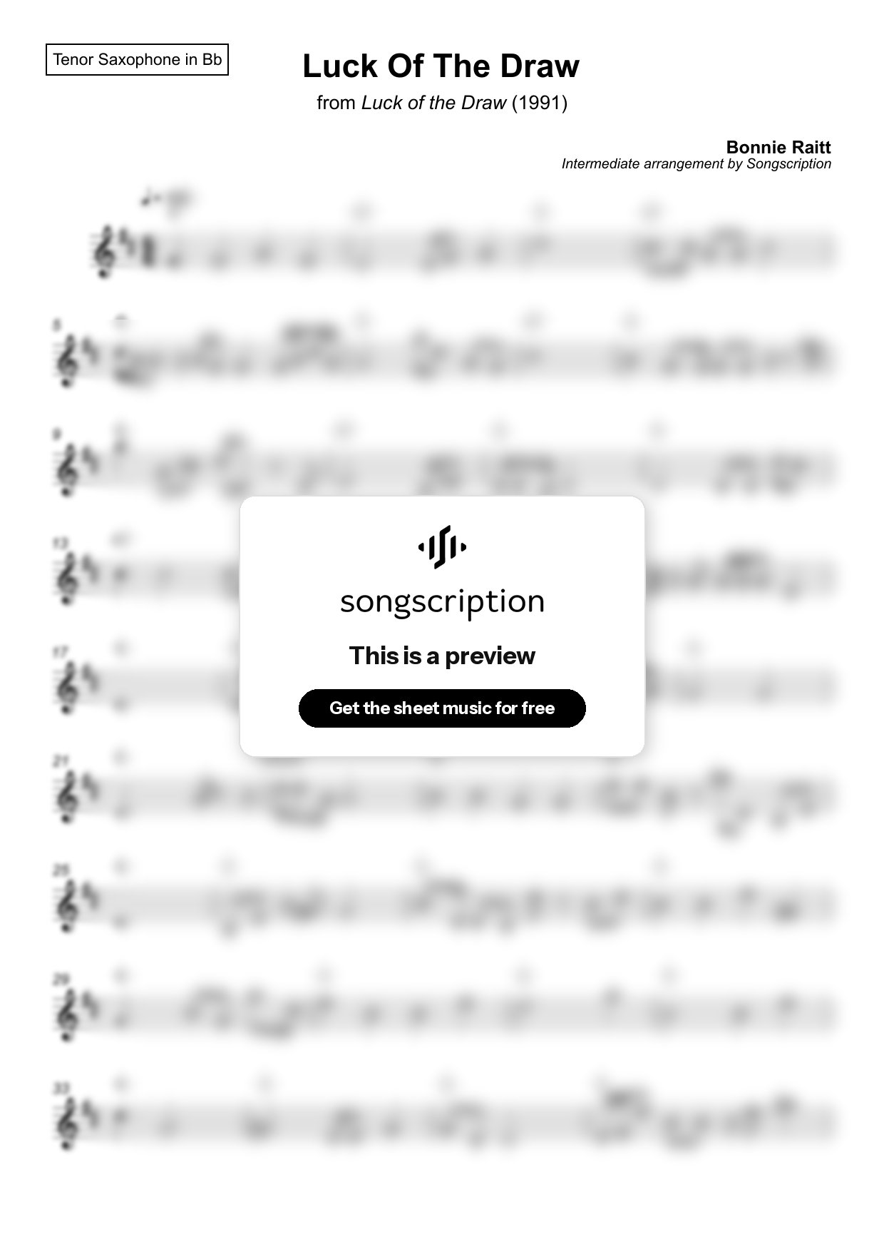 Intermediate Tenor Sax Sheet Music for "Luck Of The Draw" by Bonnie Raitt