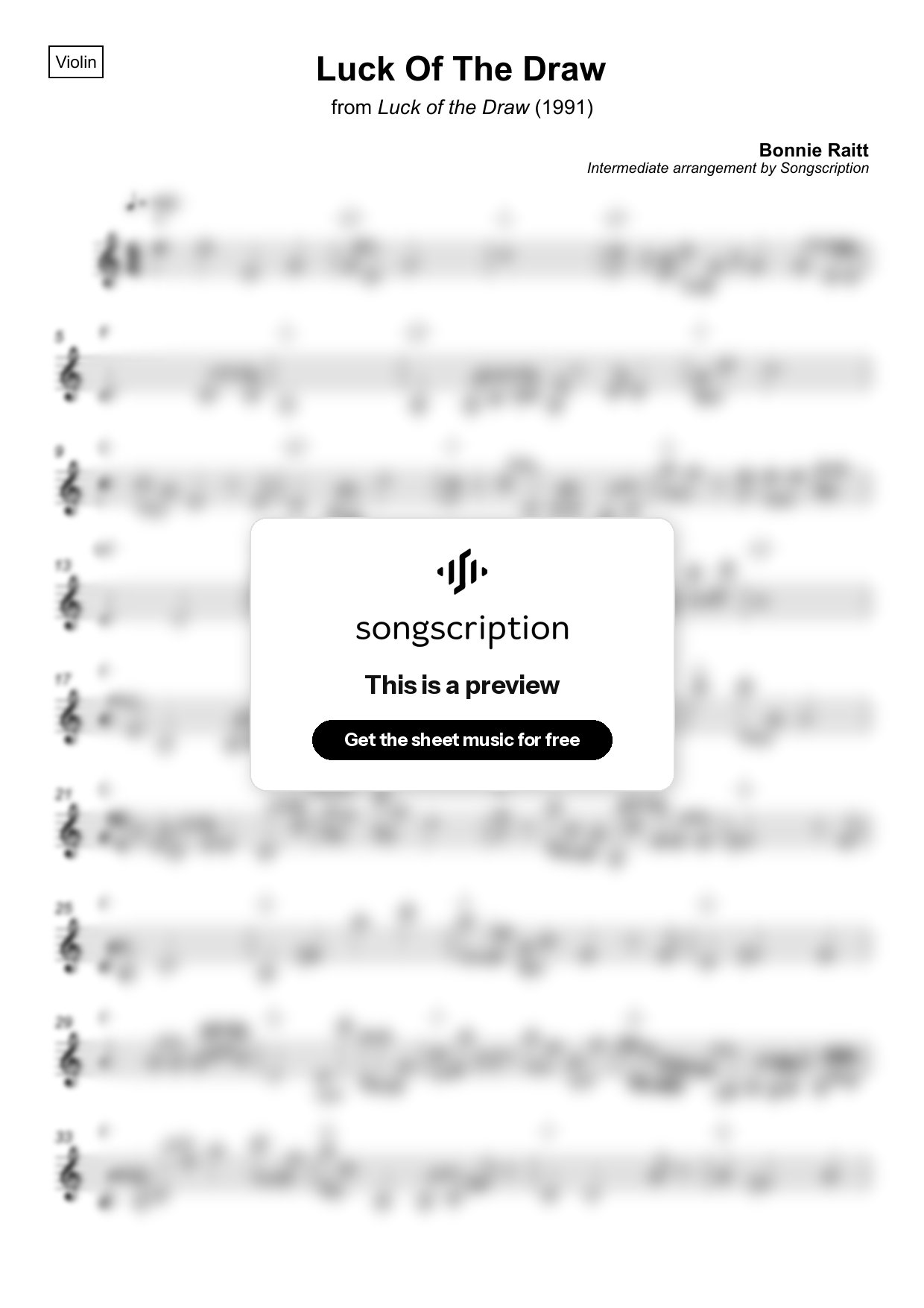 Intermediate Violin Sheet Music for "Luck Of The Draw" by Bonnie Raitt