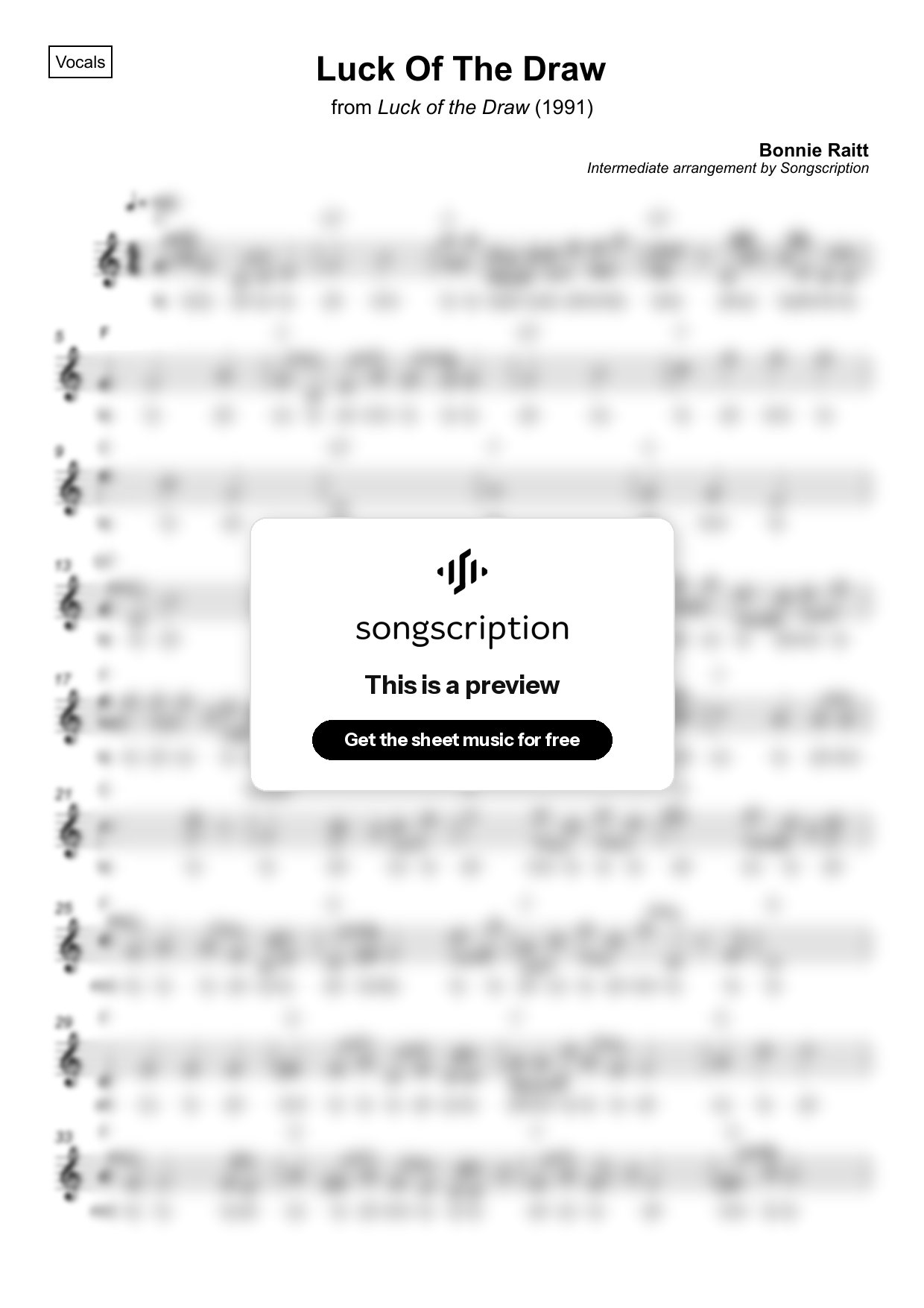 Intermediate Vocals Sheet Music for "Luck Of The Draw" by Bonnie Raitt