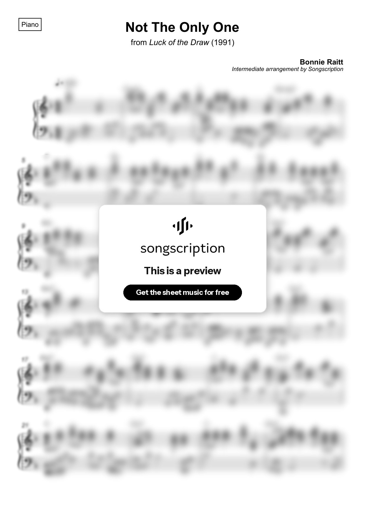Intermediate Piano Sheet Music for "Not The Only One" by Bonnie Raitt