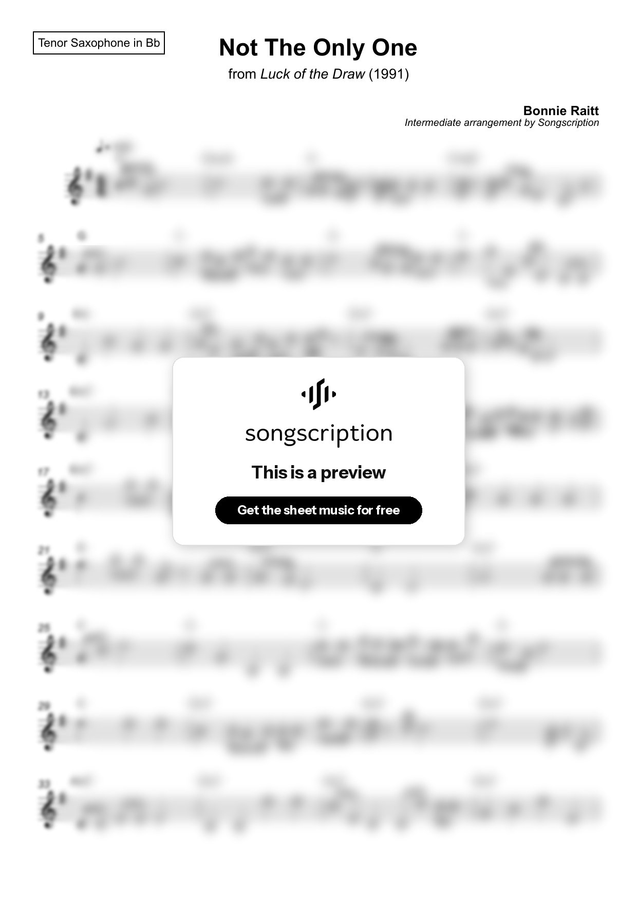 Intermediate Tenor Sax Sheet Music for "Not The Only One" by Bonnie Raitt