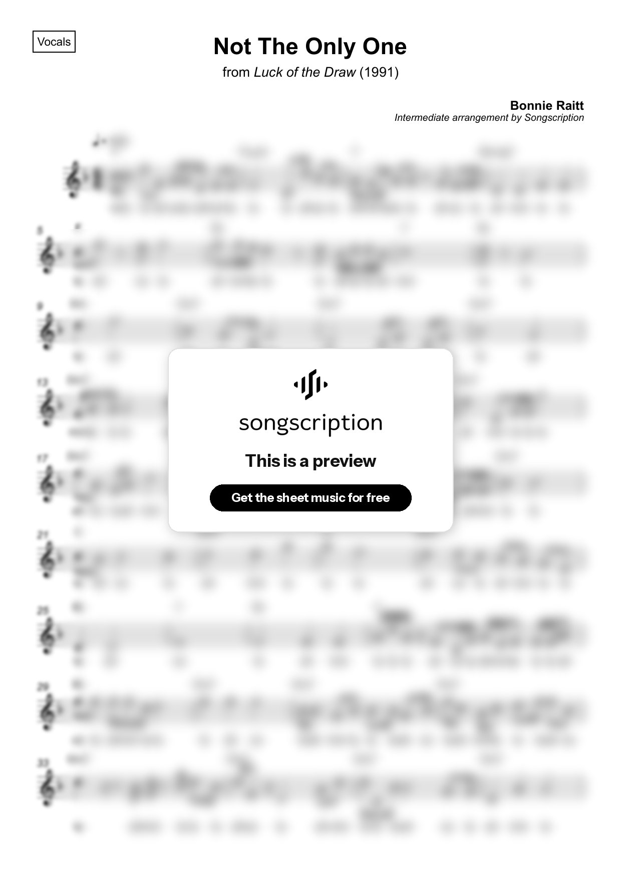 Intermediate Vocals Sheet Music for "Not The Only One" by Bonnie Raitt