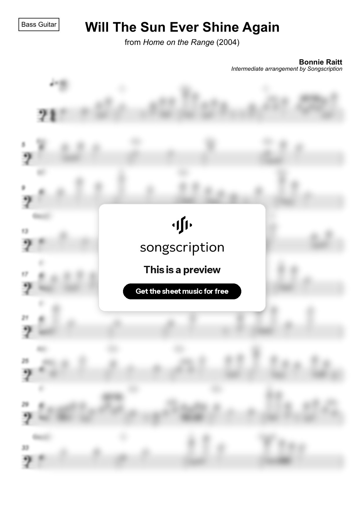 Intermediate Bass Guitar Sheet Music for "Will The Sun Ever Shine Again" by Bonnie Raitt