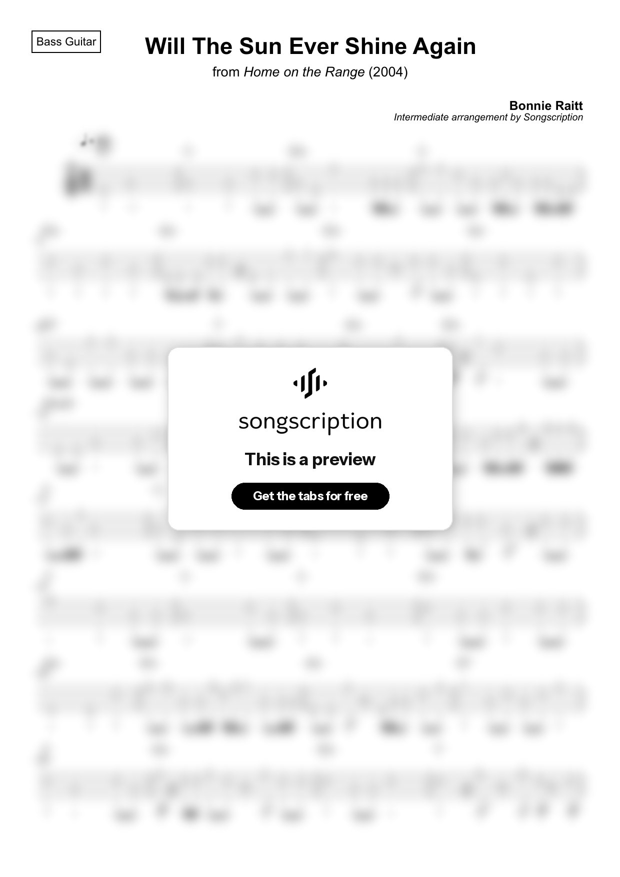 Intermediate Bass Guitar Tabs for "Will The Sun Ever Shine Again" by Bonnie Raitt