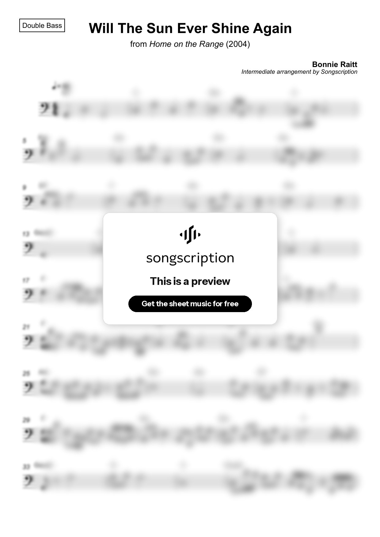 Intermediate Double Bass Sheet Music for "Will The Sun Ever Shine Again" by Bonnie Raitt