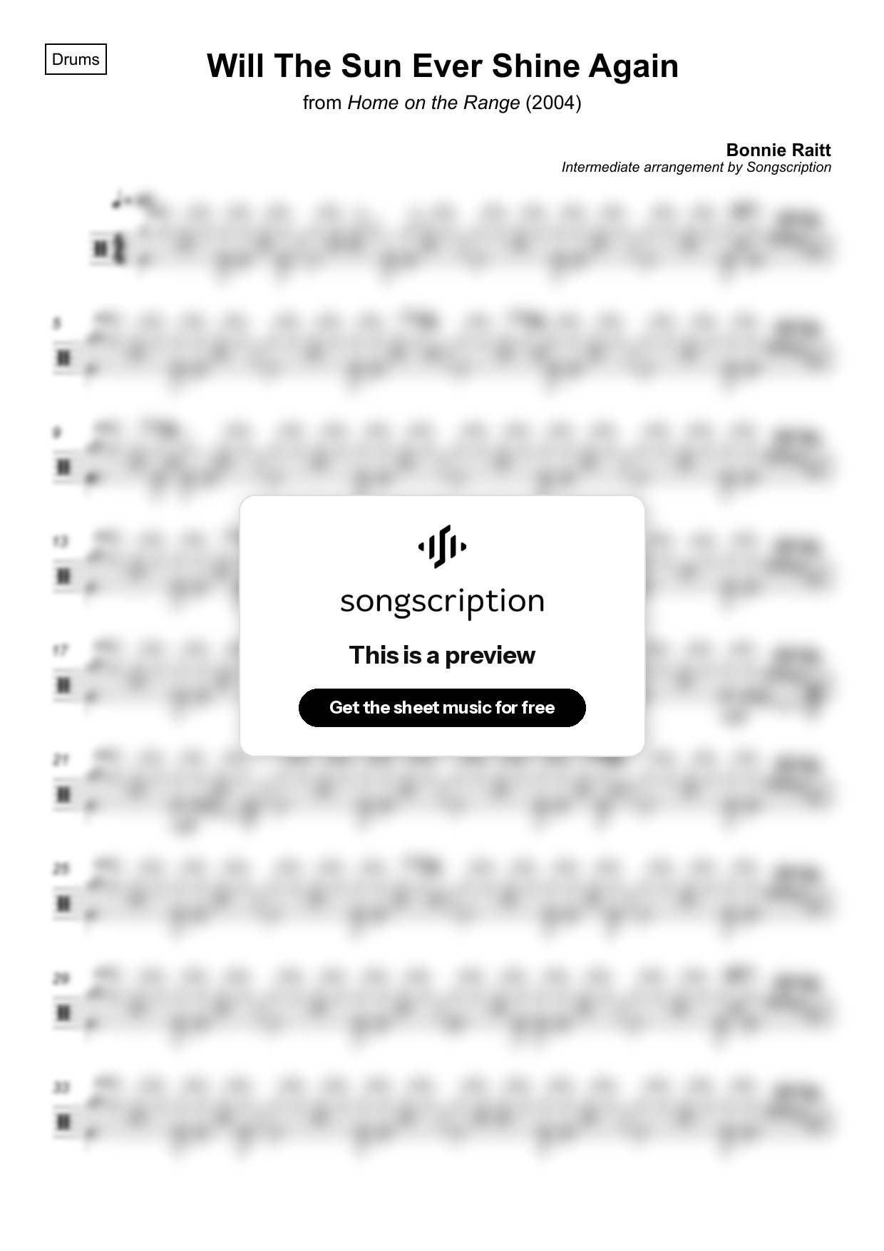 Intermediate Drums Sheet Music for "Will The Sun Ever Shine Again" by Bonnie Raitt