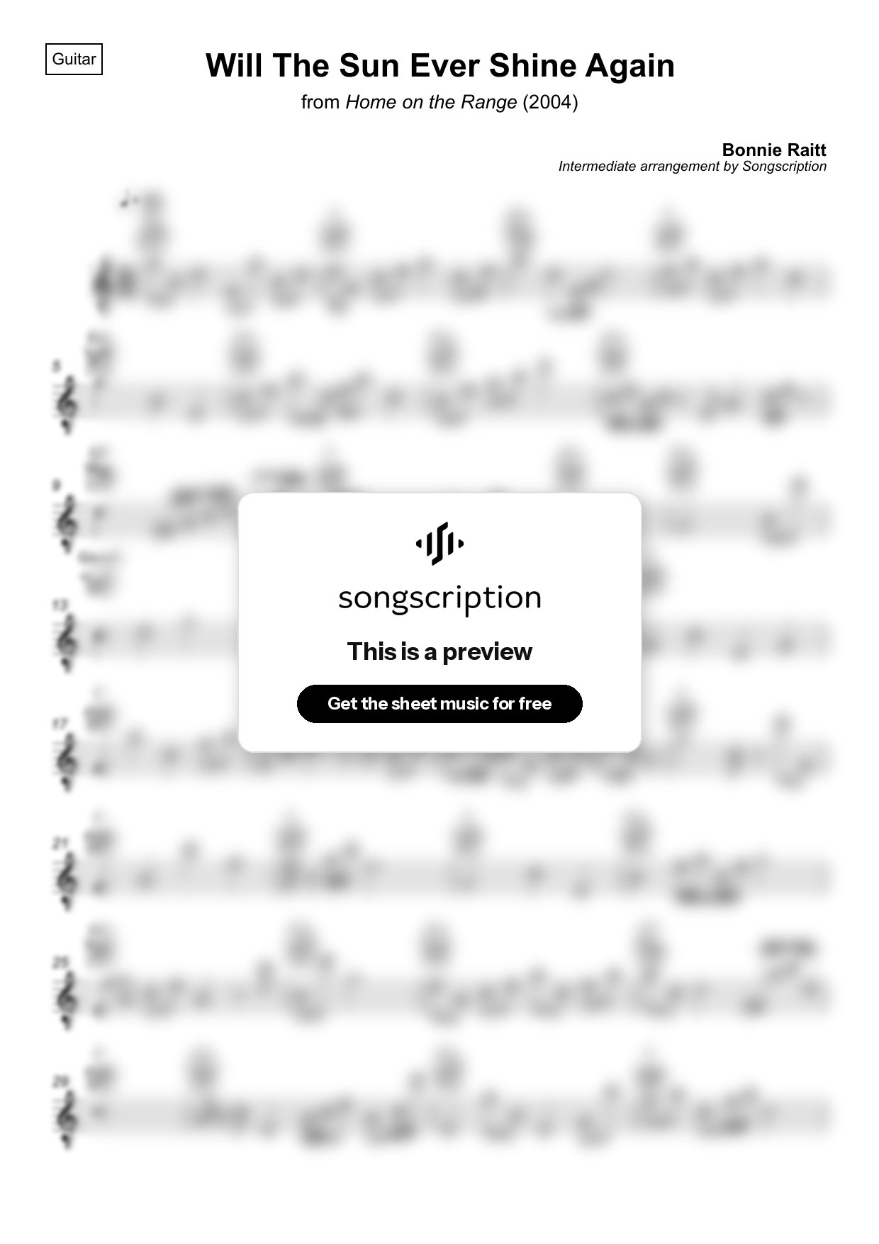 Intermediate Acoustic Guitar Sheet Music for "Will The Sun Ever Shine Again" by Bonnie Raitt
