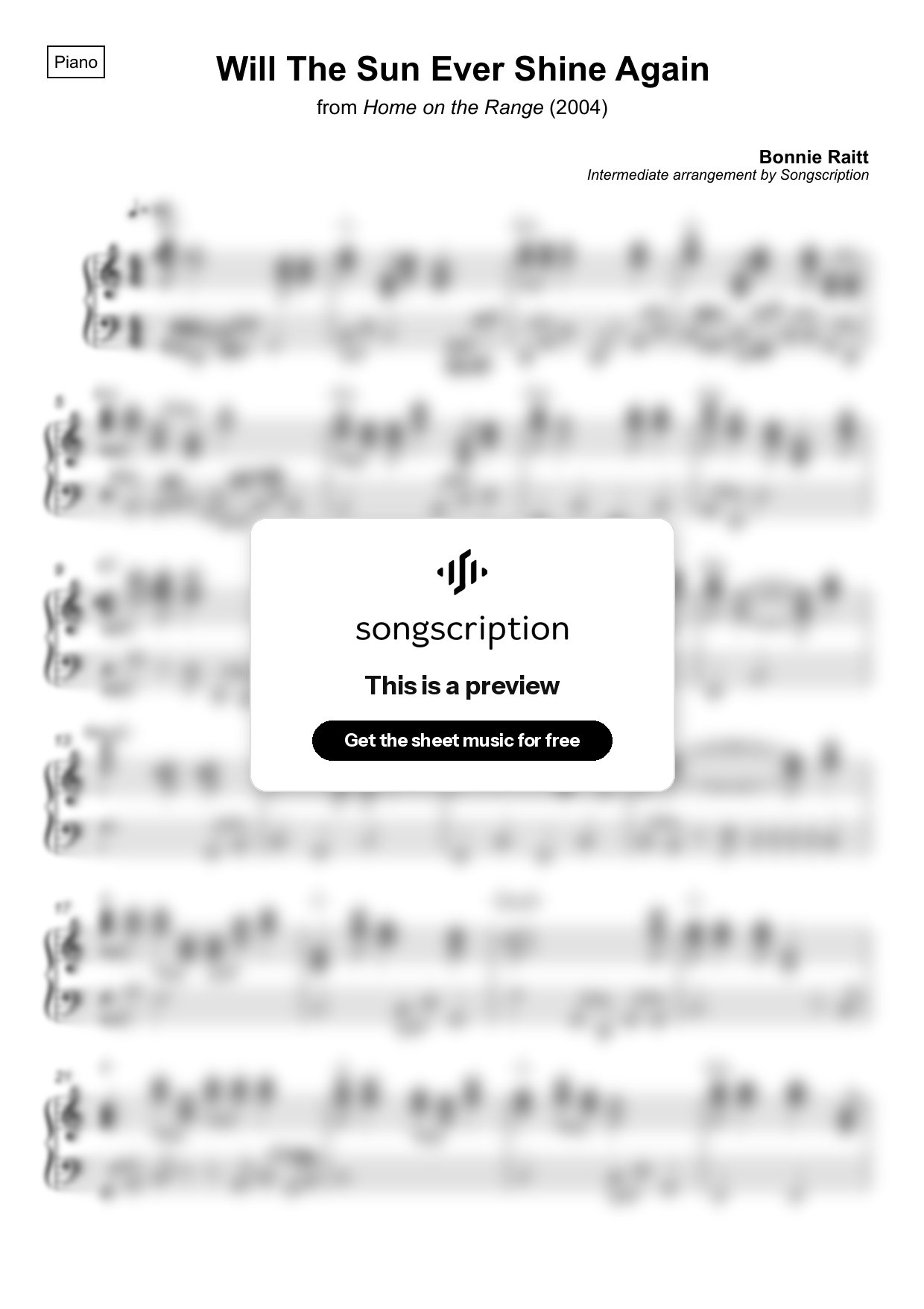 Intermediate Piano Sheet Music for "Will The Sun Ever Shine Again" by Bonnie Raitt