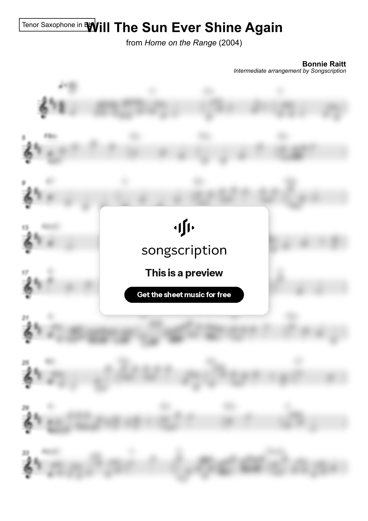 Intermediate Tenor Sax Sheet Music for "Will The Sun Ever Shine Again" by Bonnie Raitt