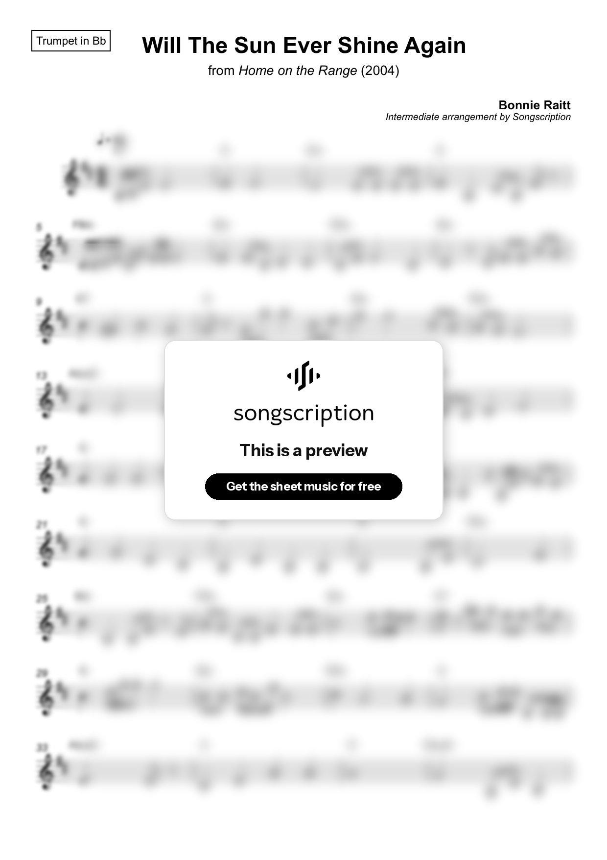 Intermediate Trumpet Sheet Music for "Will The Sun Ever Shine Again" by Bonnie Raitt