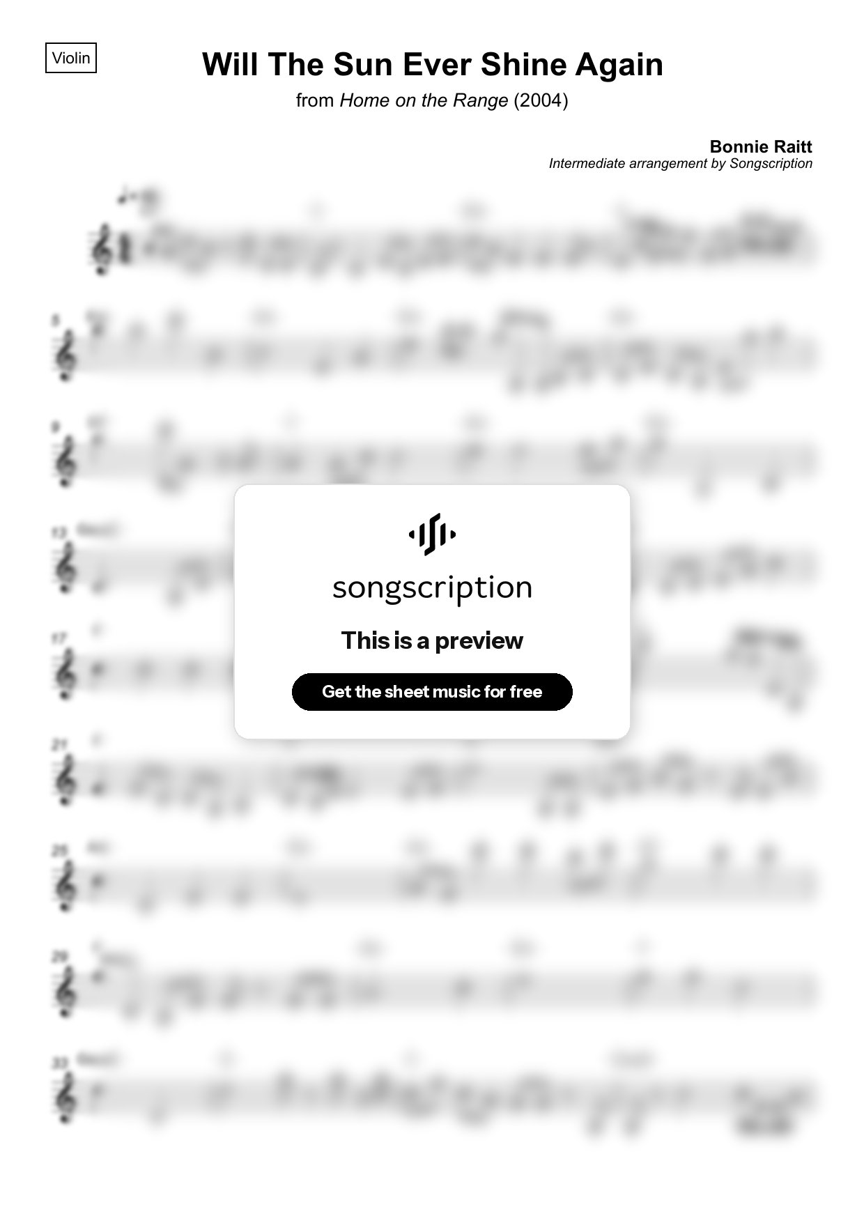 Intermediate Violin Sheet Music for "Will The Sun Ever Shine Again" by Bonnie Raitt
