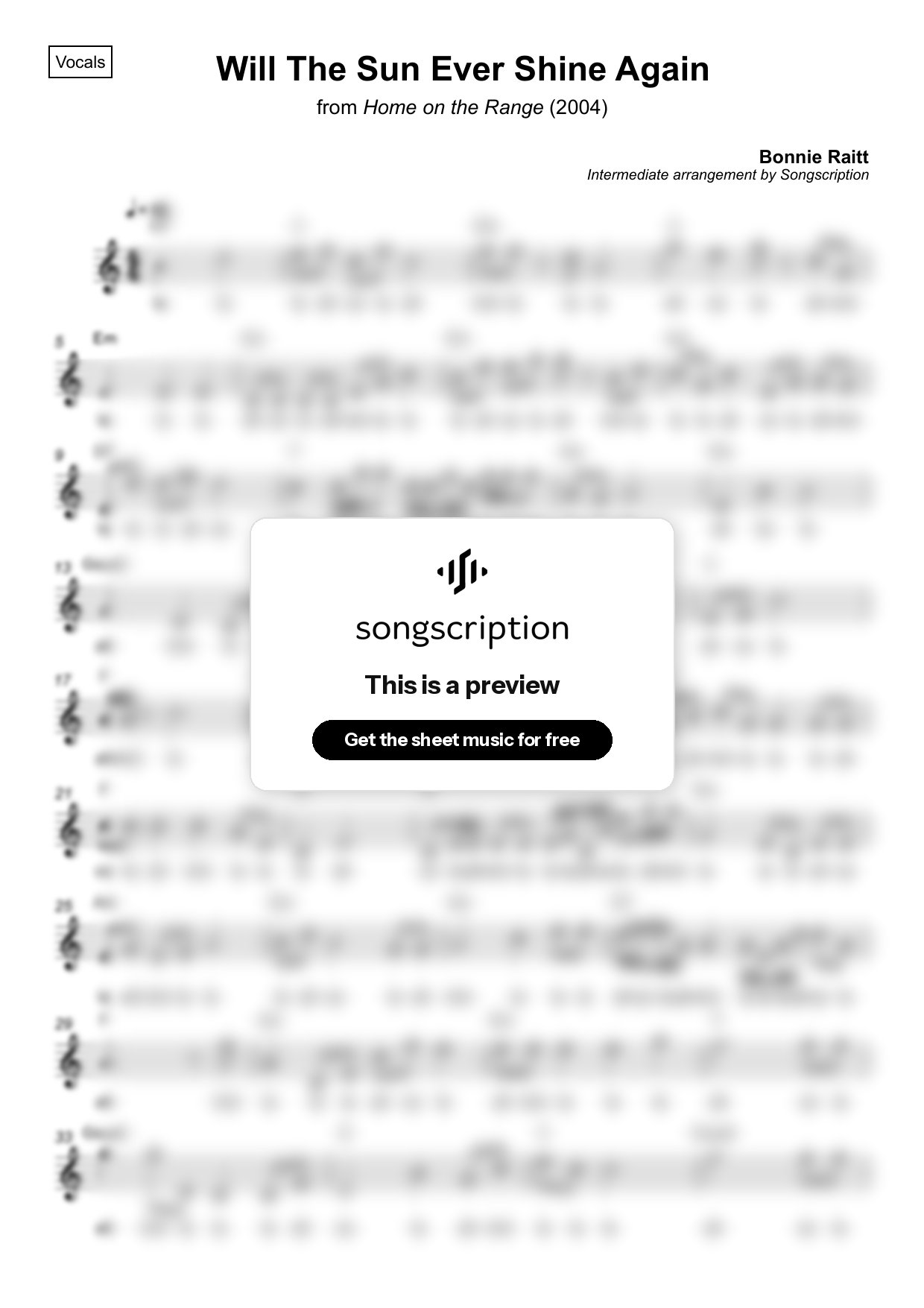 Intermediate Vocals Sheet Music for "Will The Sun Ever Shine Again" by Bonnie Raitt