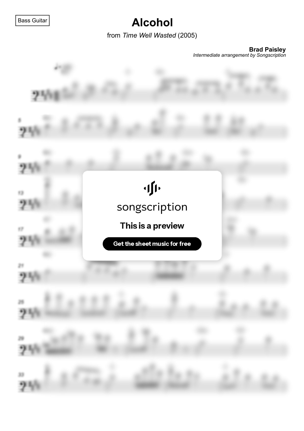 Intermediate Bass Guitar Sheet Music for "Alcohol" by Brad Paisley