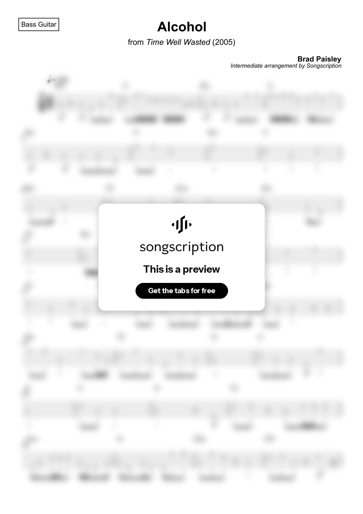 Intermediate Bass Guitar Tabs for "Alcohol" by Brad Paisley