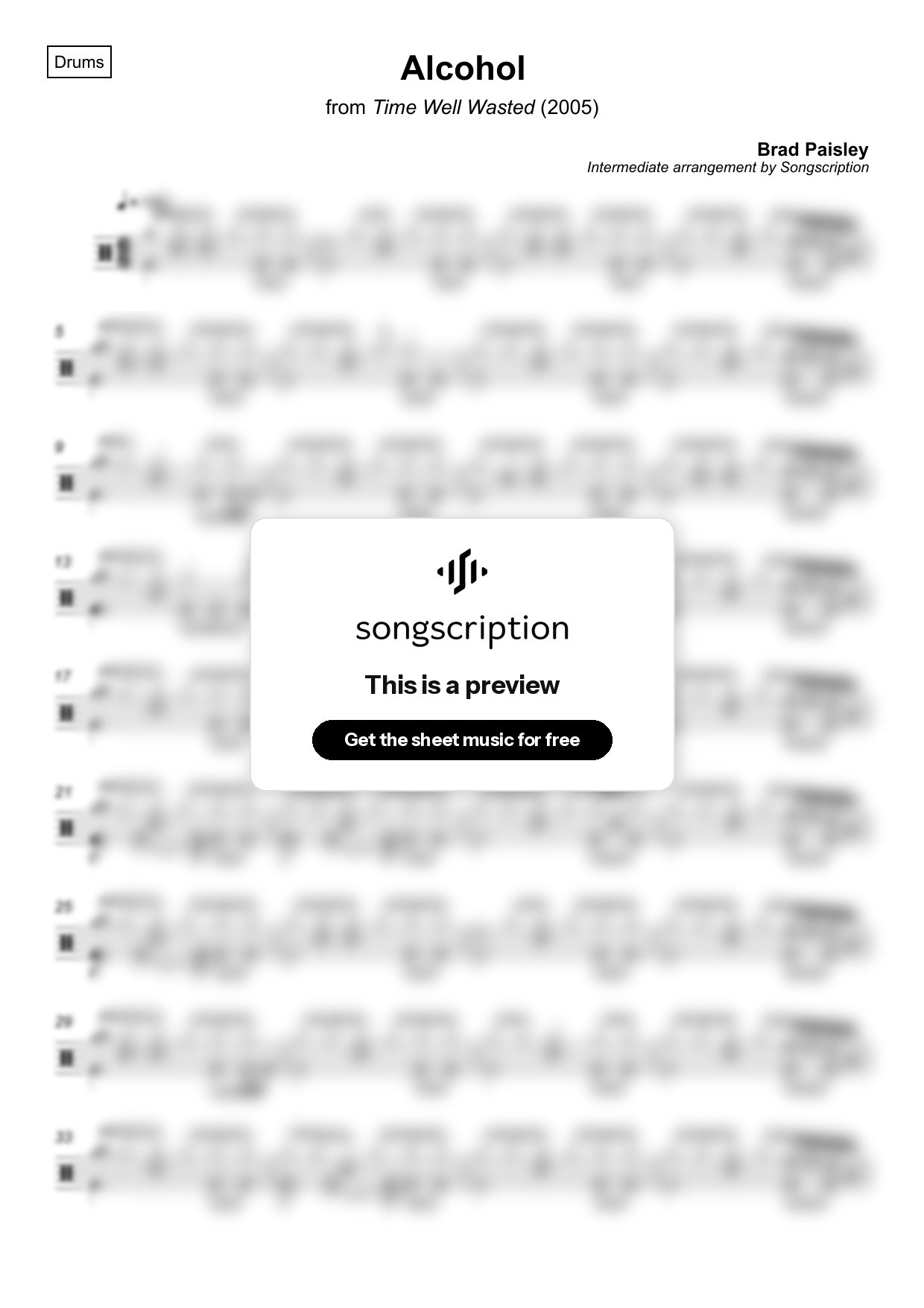 Intermediate Drums Sheet Music for "Alcohol" by Brad Paisley
