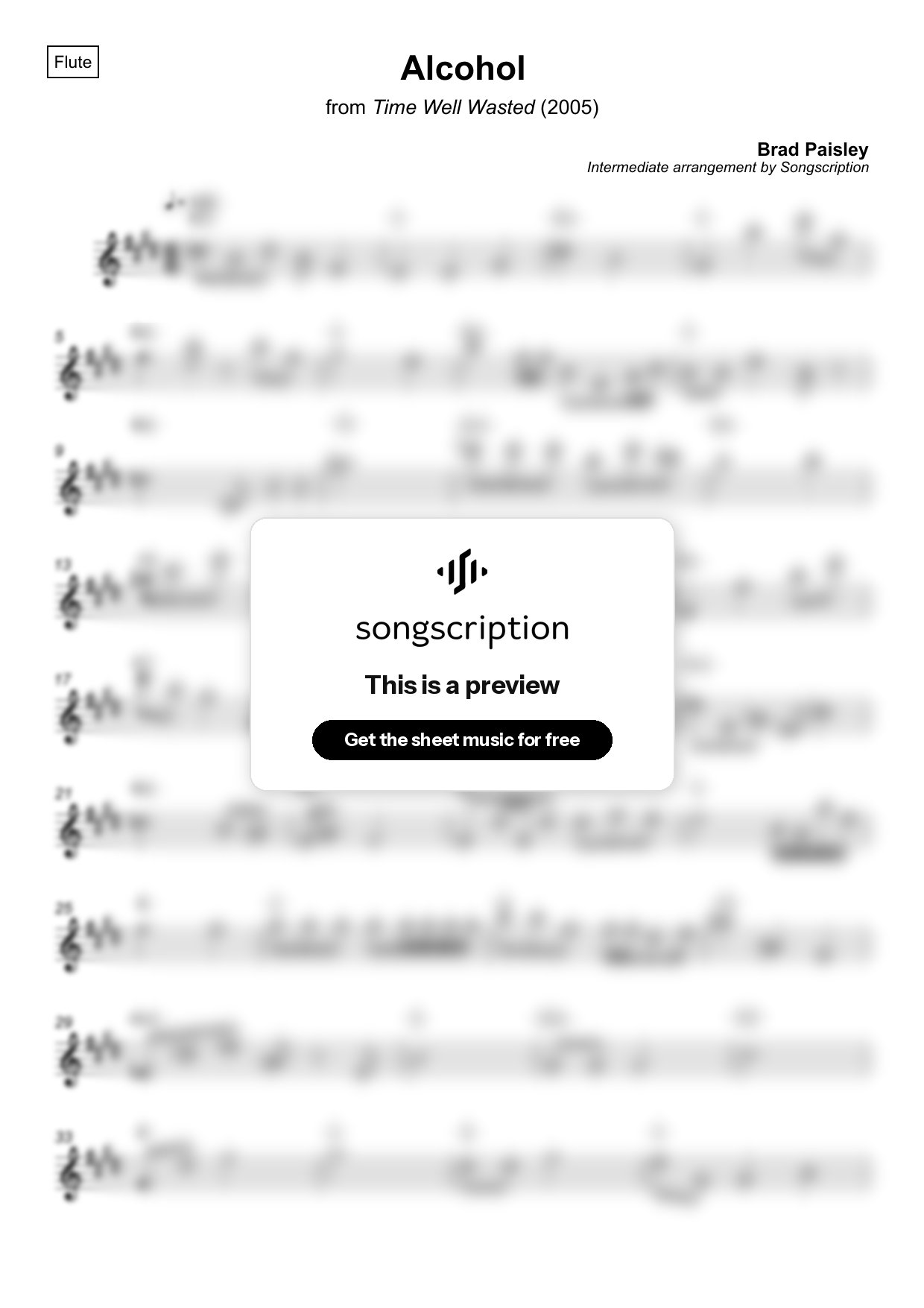 Intermediate Flute Sheet Music for "Alcohol" by Brad Paisley