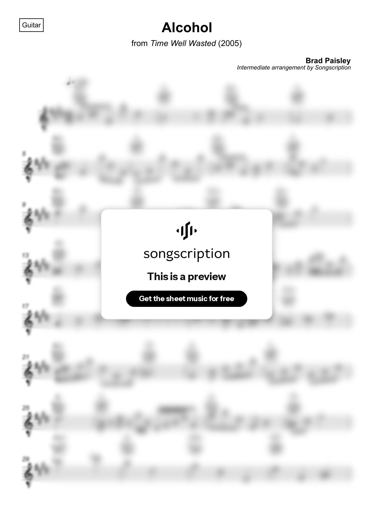 Intermediate Acoustic Guitar Sheet Music for "Alcohol" by Brad Paisley