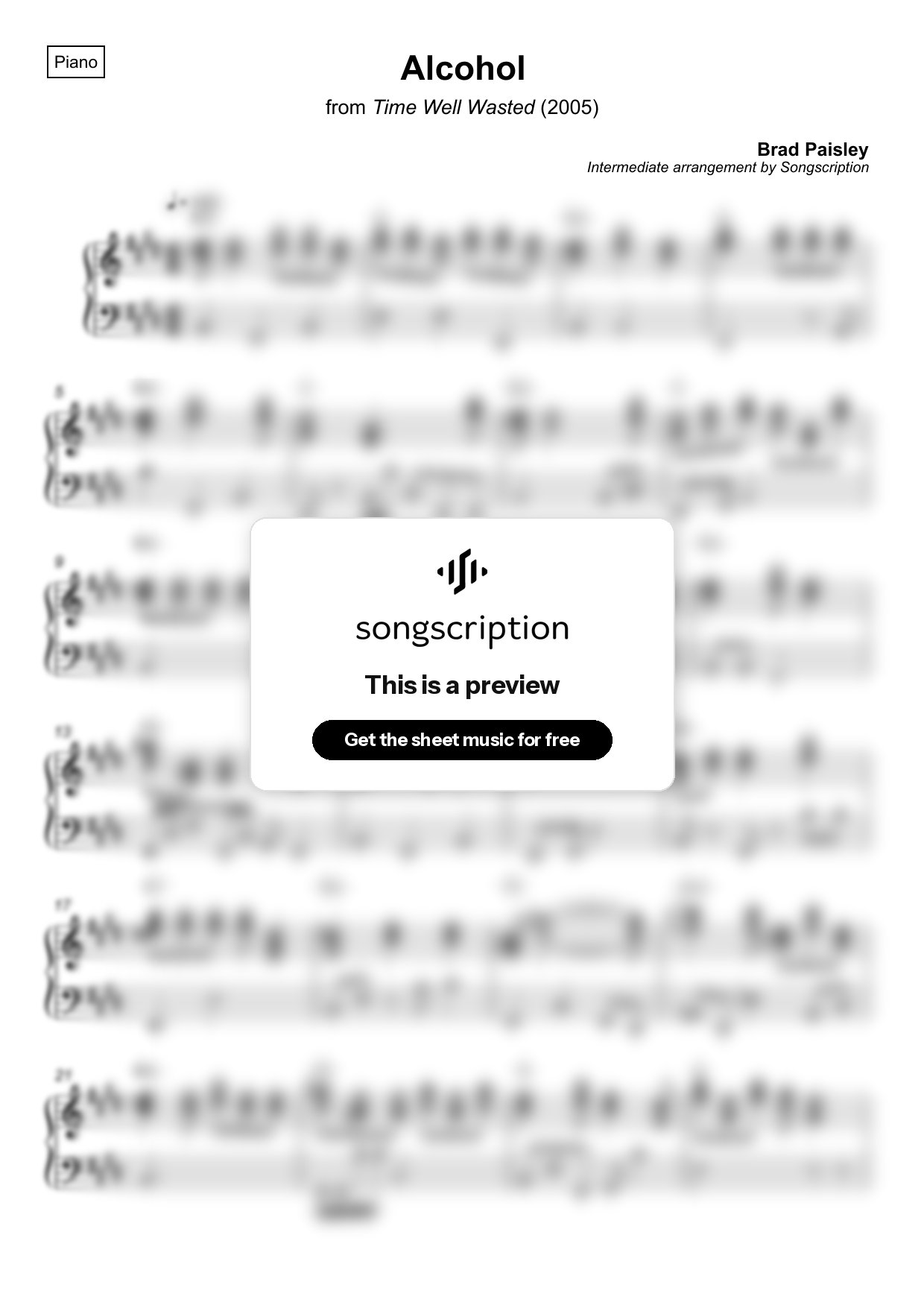 Intermediate Piano Sheet Music for "Alcohol" by Brad Paisley