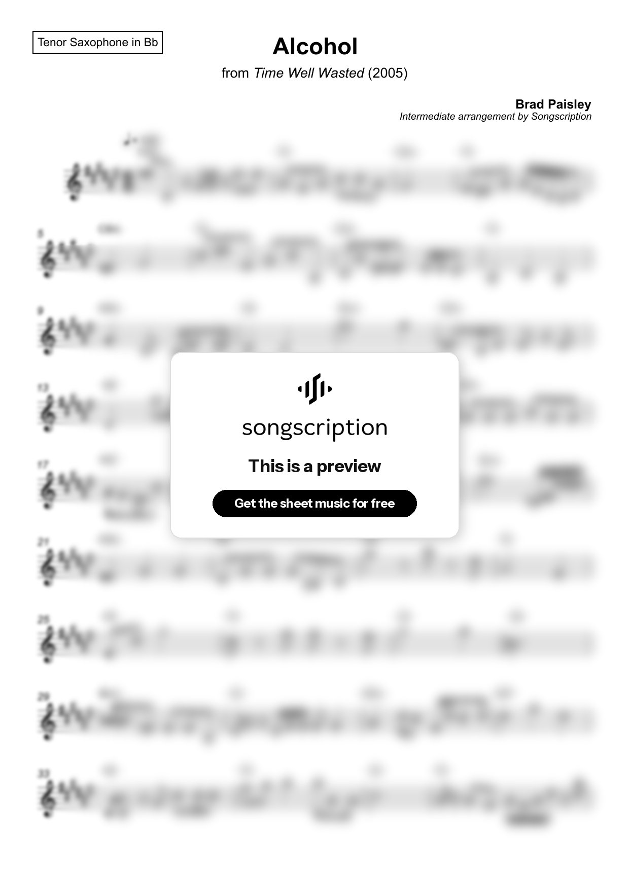 Intermediate Tenor Sax Sheet Music for "Alcohol" by Brad Paisley
