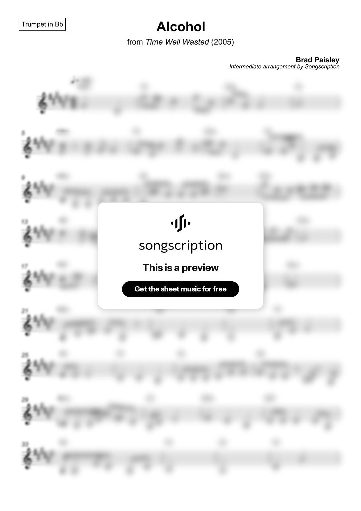 Intermediate Trumpet Sheet Music for "Alcohol" by Brad Paisley