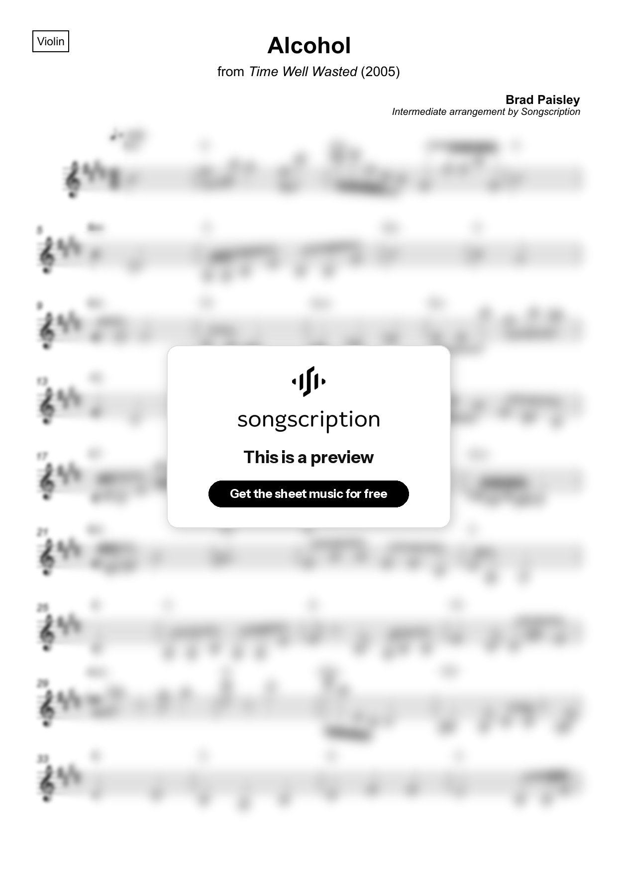 Intermediate Violin Sheet Music for "Alcohol" by Brad Paisley