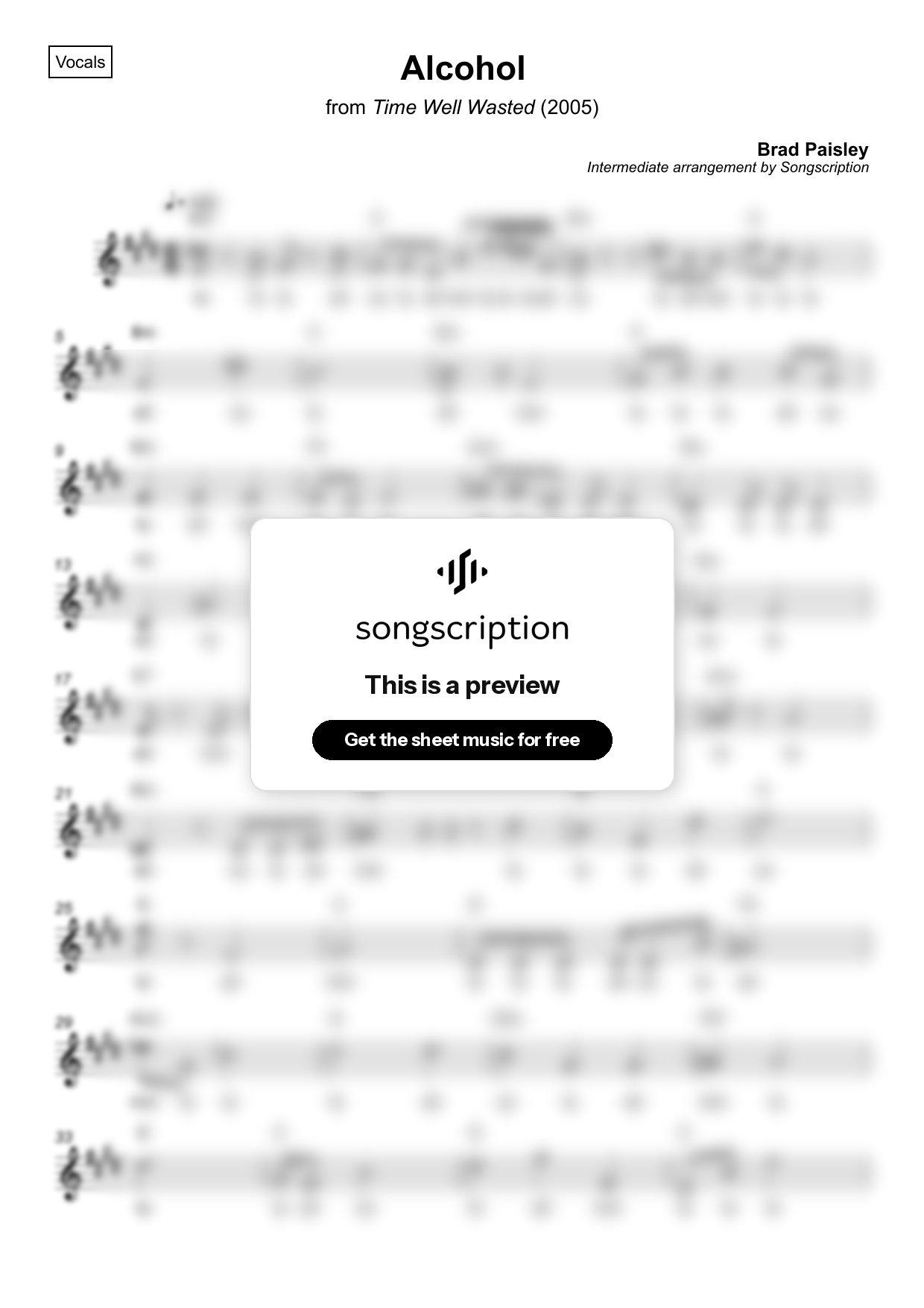 Intermediate Vocals Sheet Music for "Alcohol" by Brad Paisley