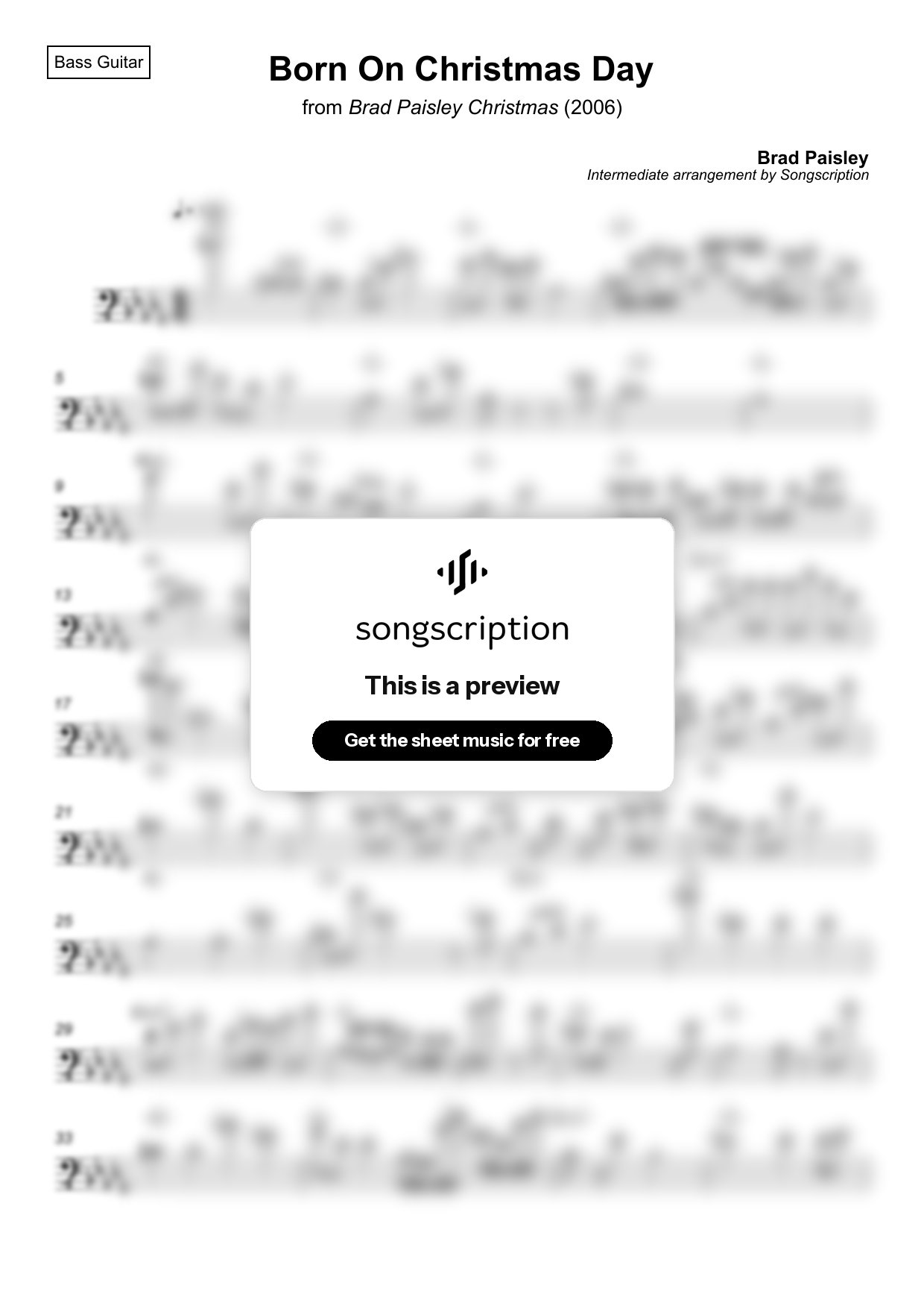 Intermediate Bass Guitar Sheet Music for "Born On Christmas Day" by Brad Paisley