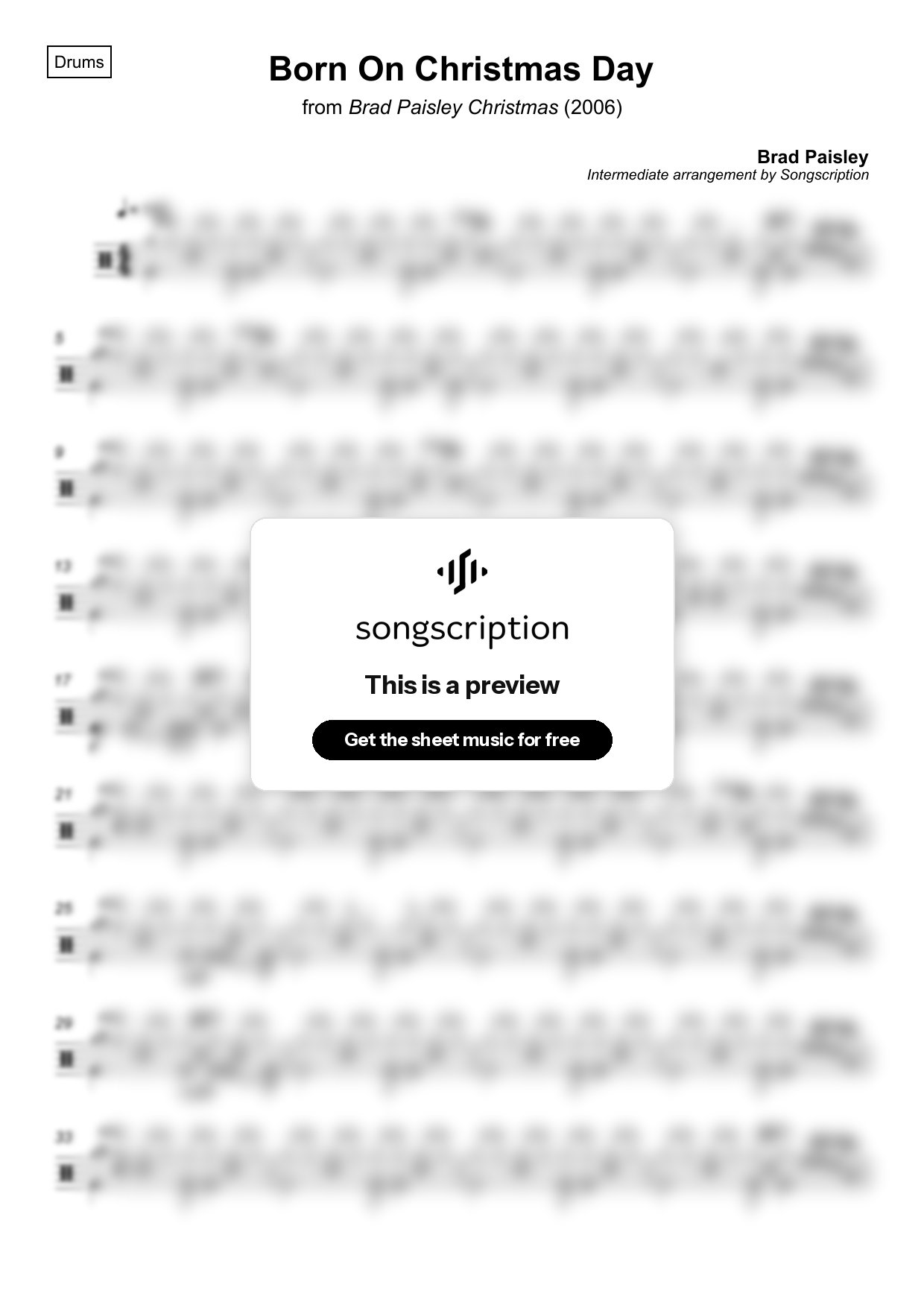 Intermediate Drums Sheet Music for "Born On Christmas Day" by Brad Paisley
