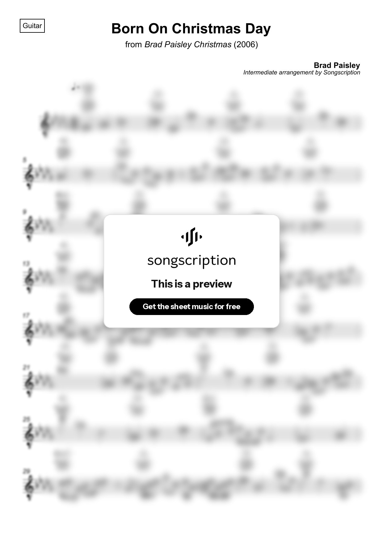 Intermediate Acoustic Guitar Sheet Music for "Born On Christmas Day" by Brad Paisley