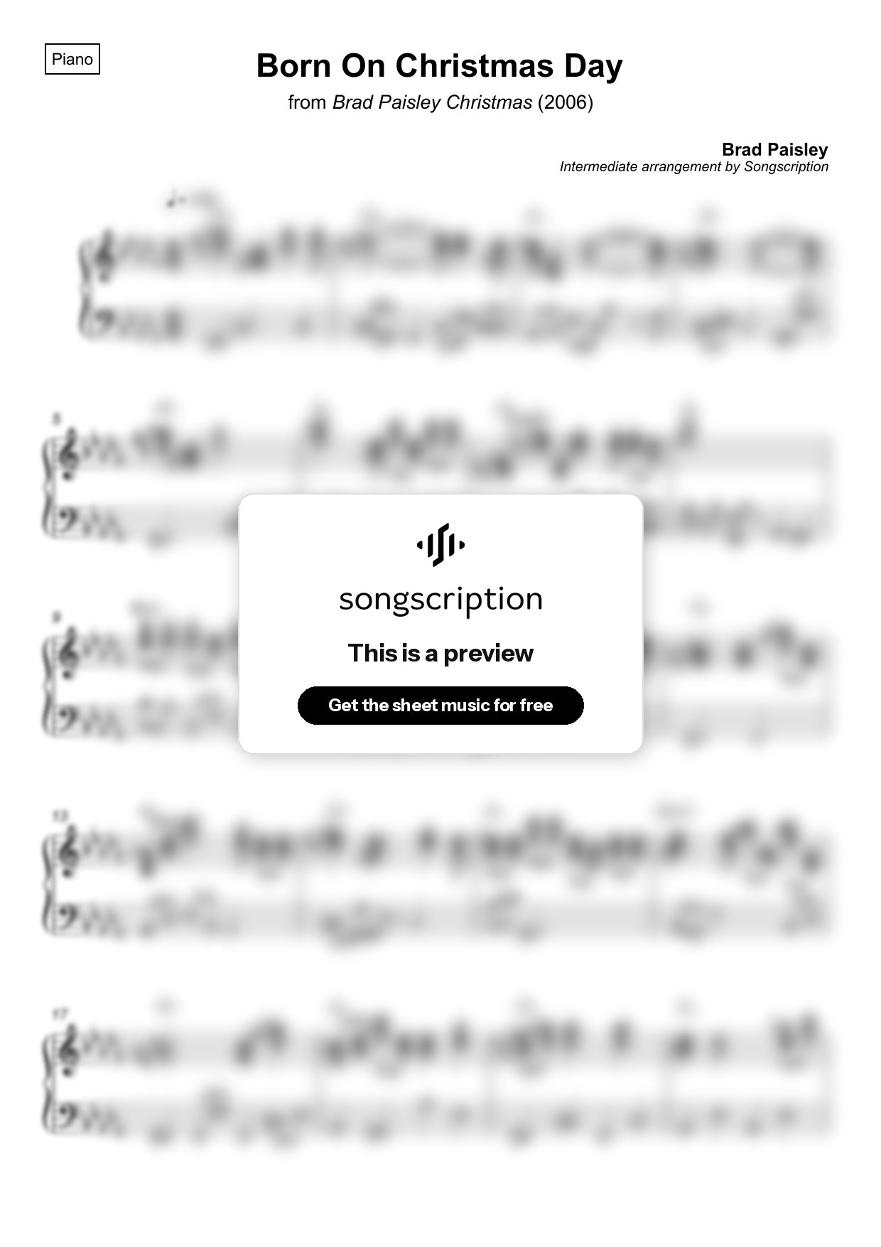 Intermediate Piano Sheet Music for "Born On Christmas Day" by Brad Paisley