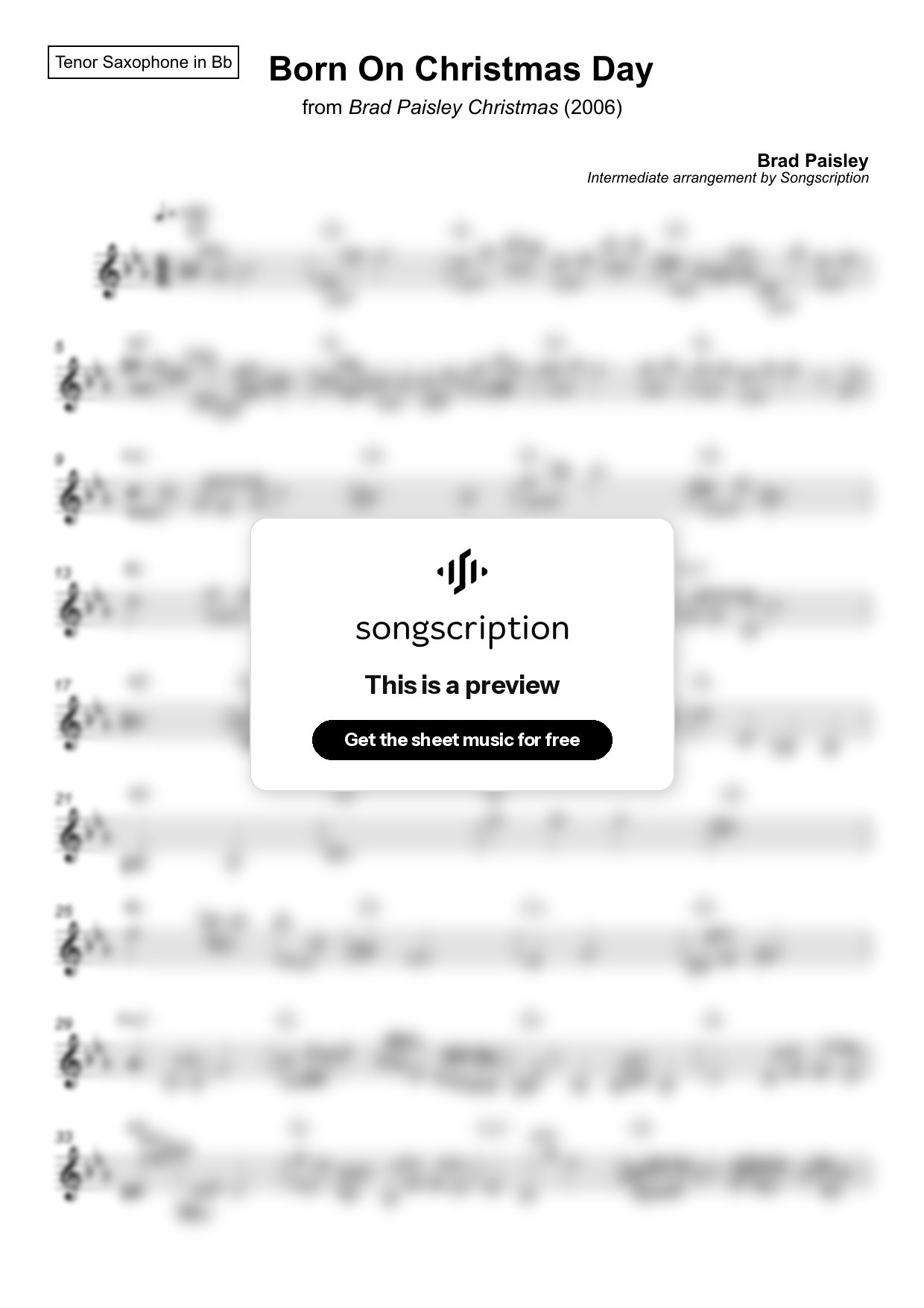 Intermediate Tenor Sax Sheet Music for "Born On Christmas Day" by Brad Paisley