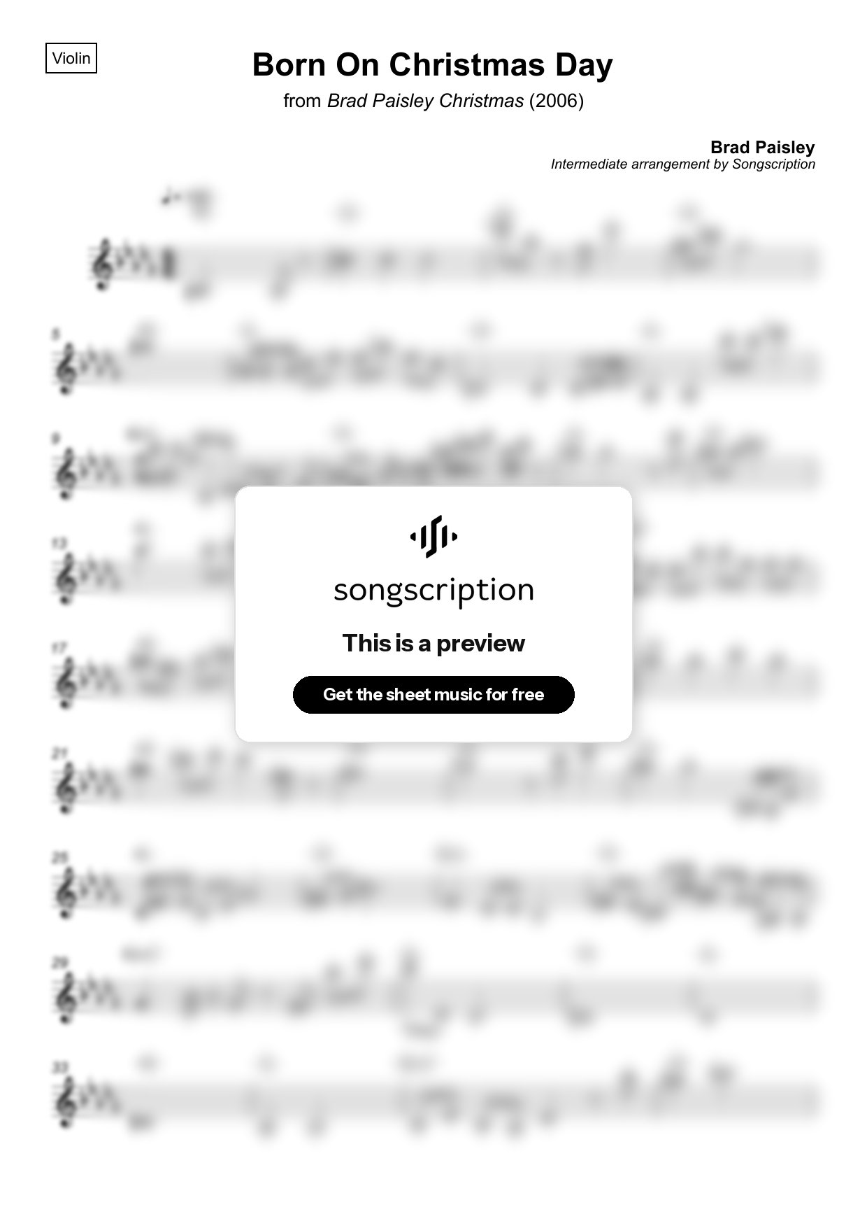 Intermediate Violin Sheet Music for "Born On Christmas Day" by Brad Paisley