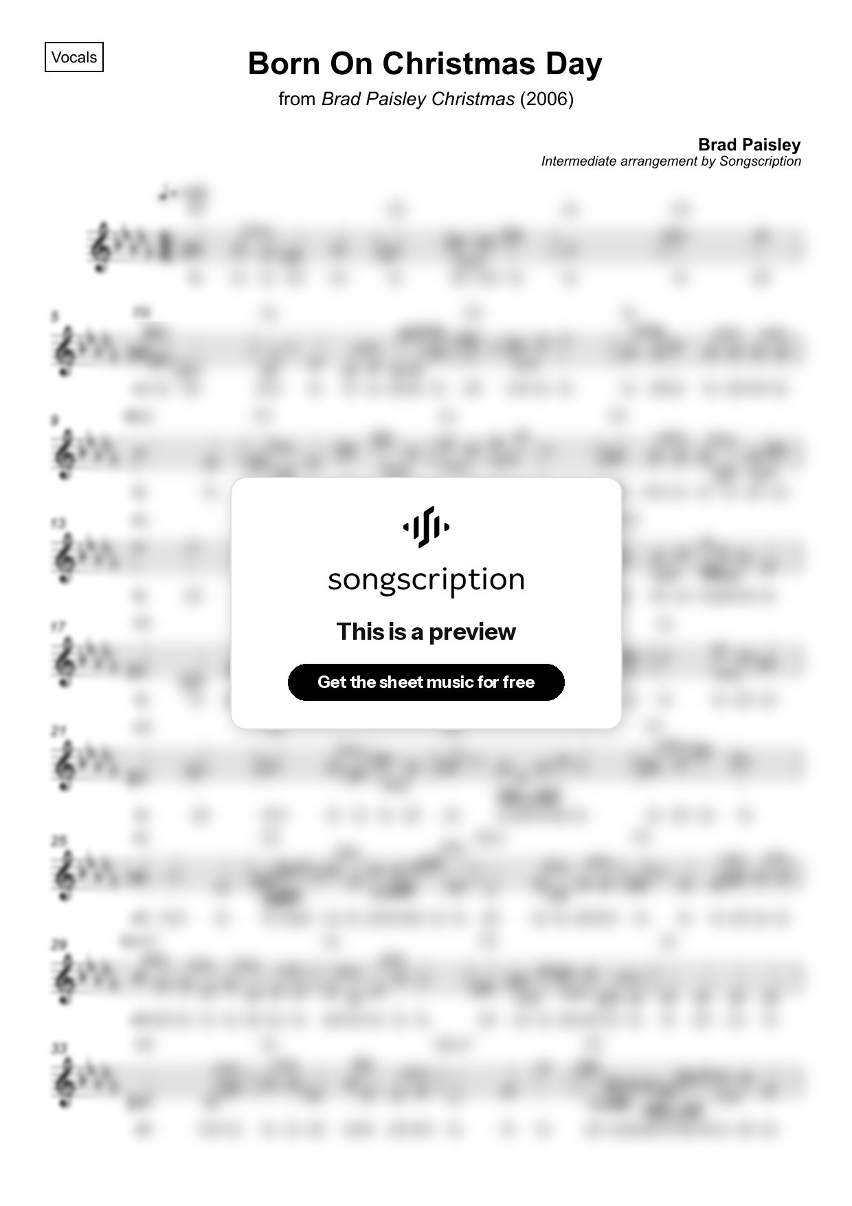 Intermediate Vocals Sheet Music for "Born On Christmas Day" by Brad Paisley