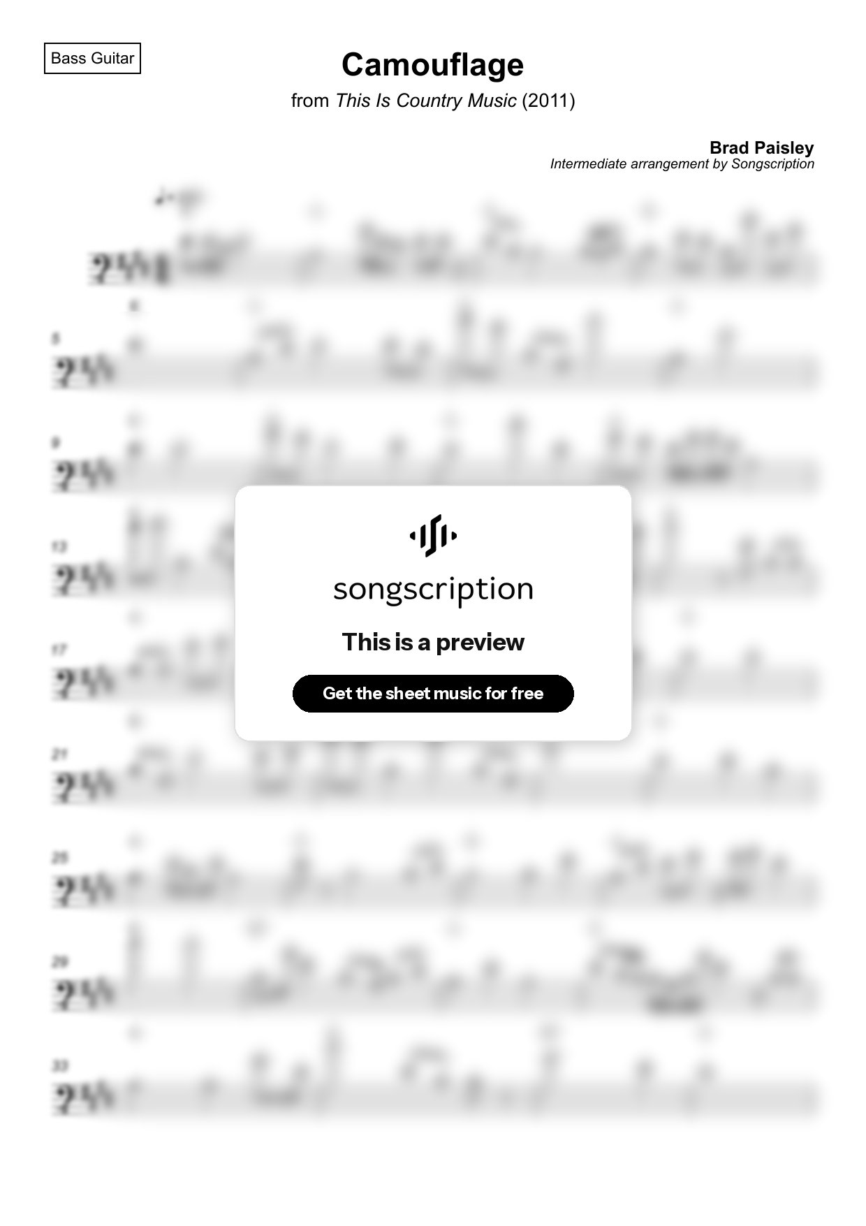 Intermediate Bass Guitar Sheet Music for "Camouflage" by Brad Paisley