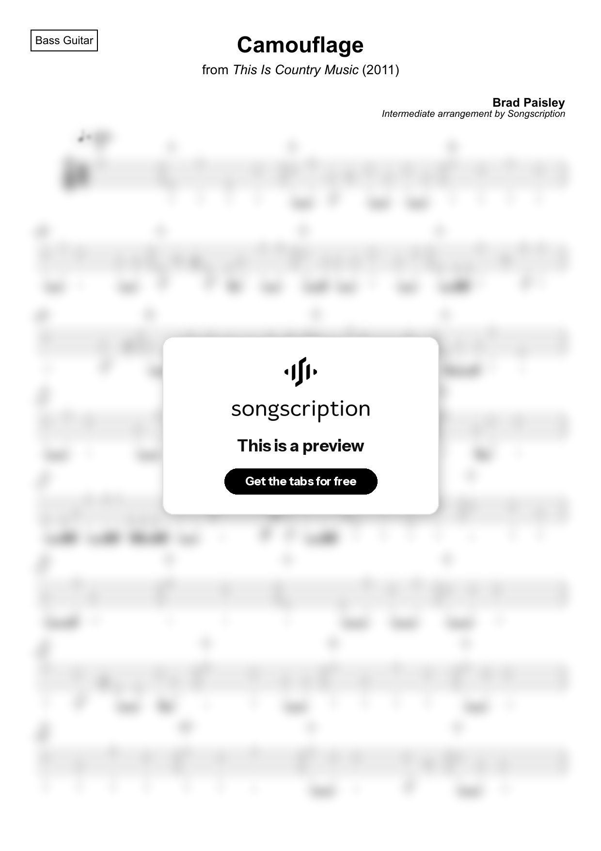 Intermediate Bass Guitar Tabs for "Camouflage" by Brad Paisley