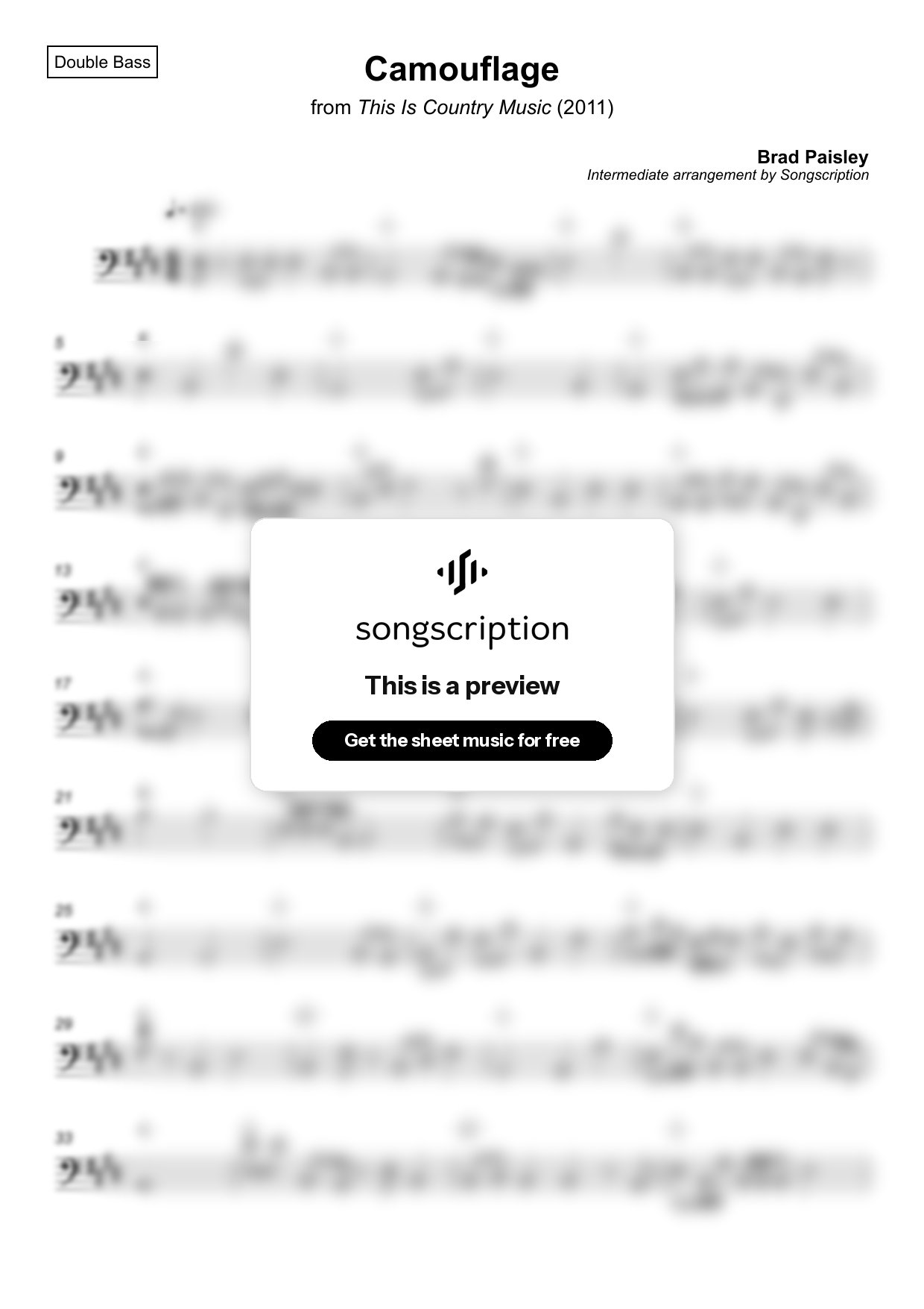 Intermediate Double Bass Sheet Music for "Camouflage" by Brad Paisley
