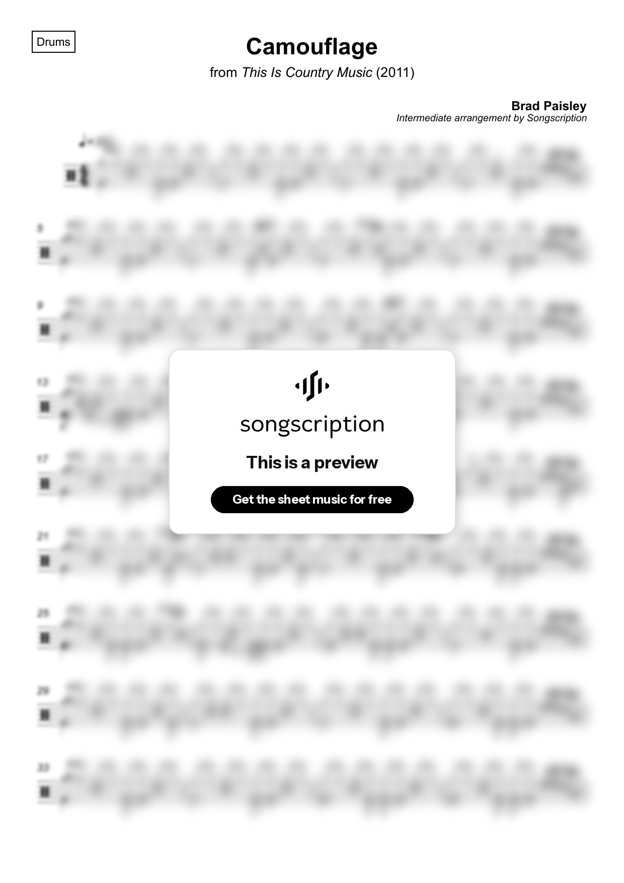 Intermediate Drums Sheet Music for "Camouflage" by Brad Paisley