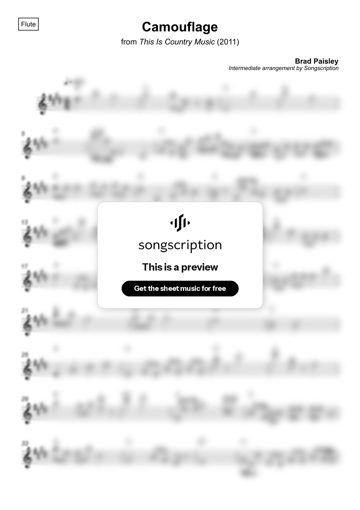 Intermediate Flute Sheet Music for "Camouflage" by Brad Paisley