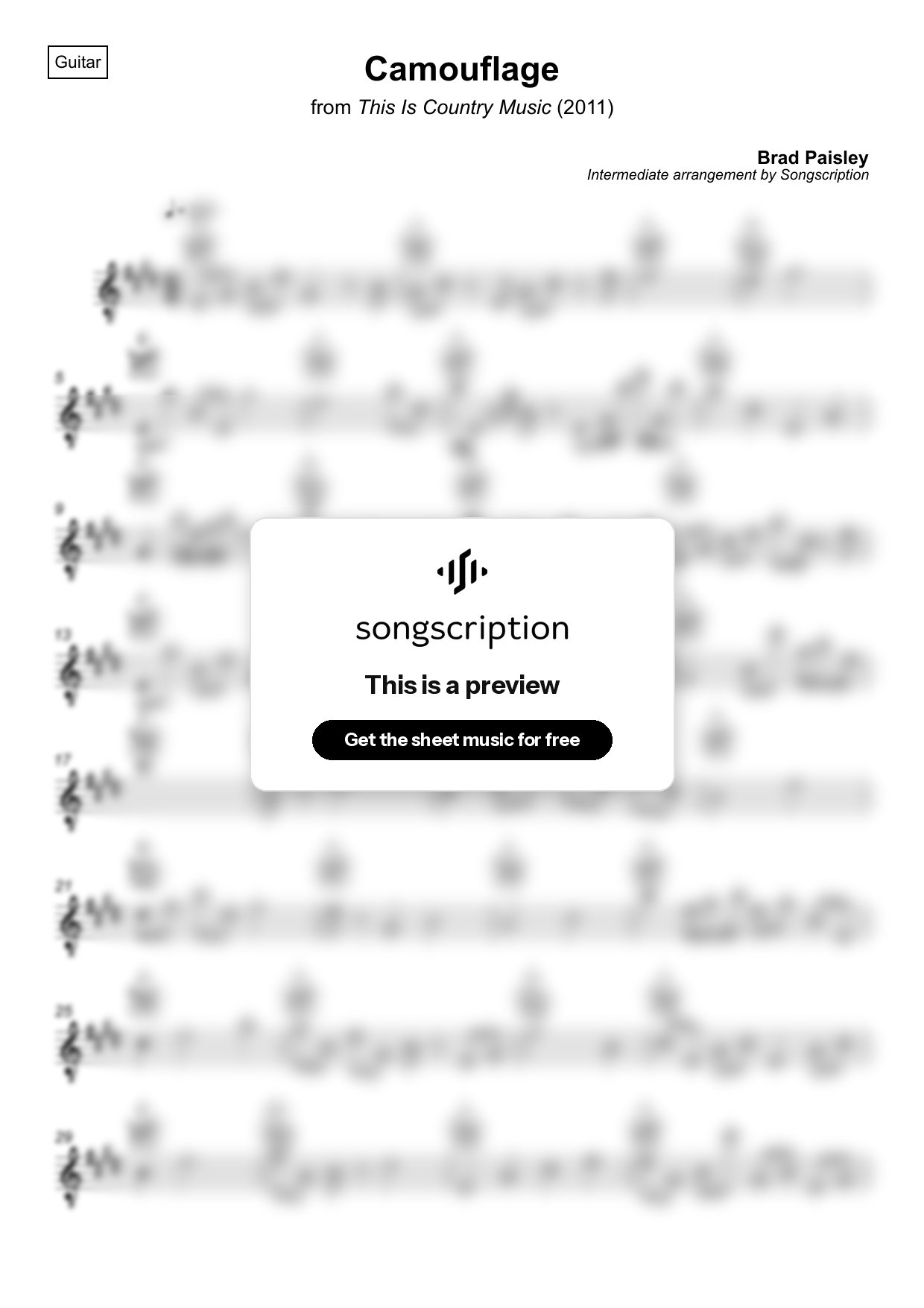 Intermediate Acoustic Guitar Sheet Music for "Camouflage" by Brad Paisley