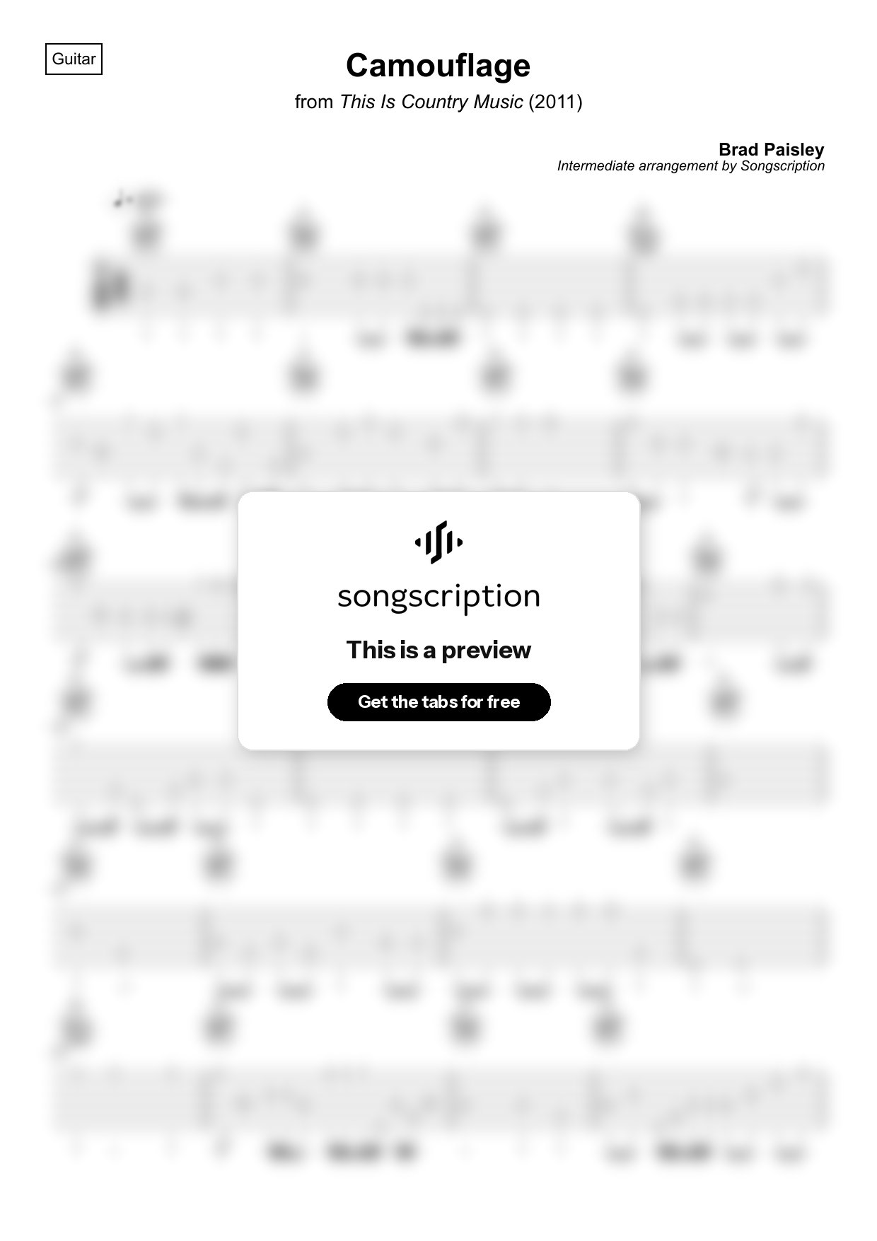 Intermediate Acoustic Guitar Tabs for "Camouflage" by Brad Paisley