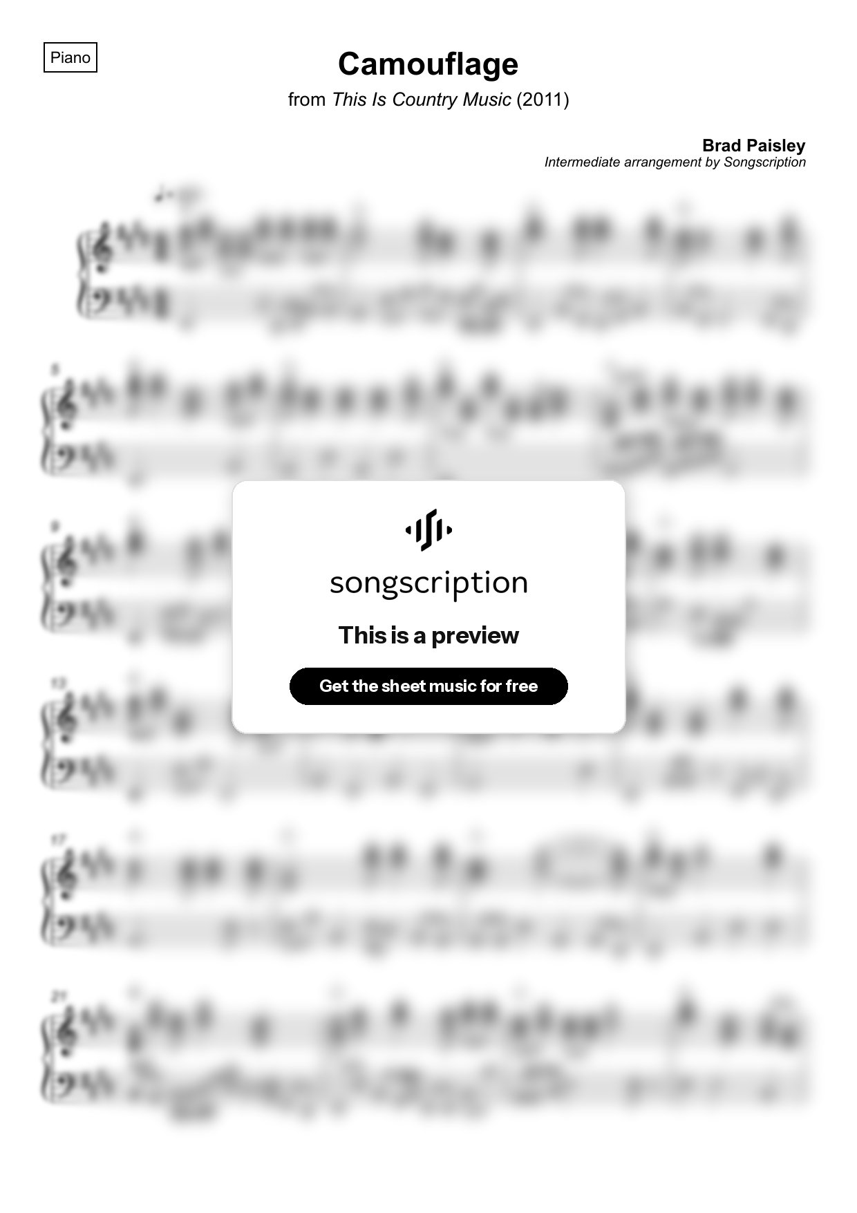 Intermediate Piano Sheet Music for "Camouflage" by Brad Paisley