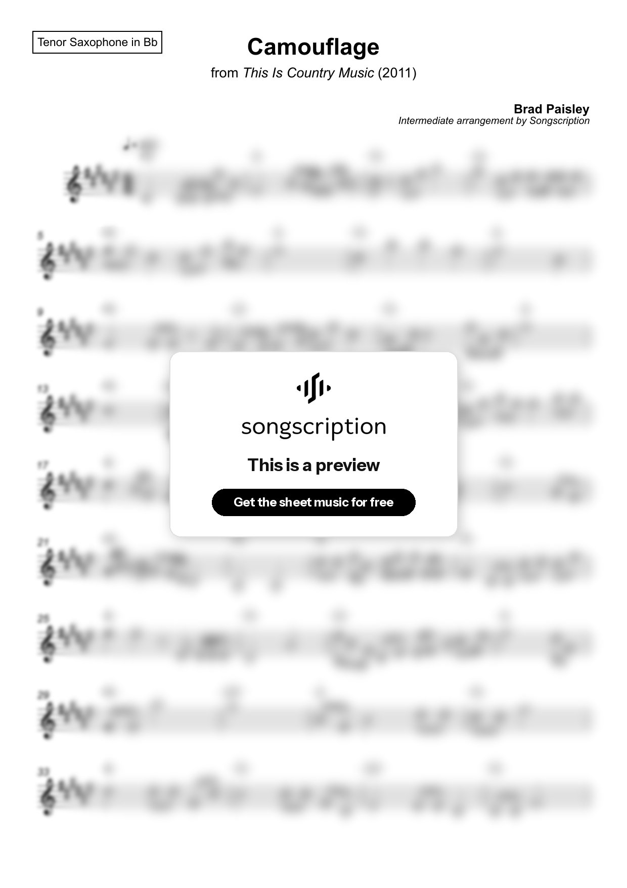 Intermediate Tenor Sax Sheet Music for "Camouflage" by Brad Paisley
