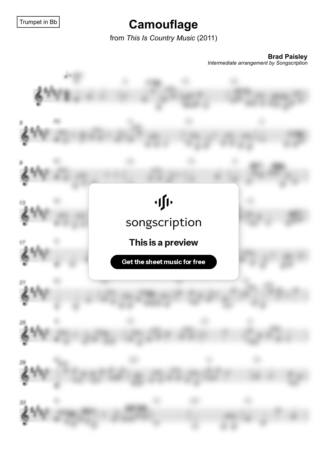 Intermediate Trumpet Sheet Music for "Camouflage" by Brad Paisley