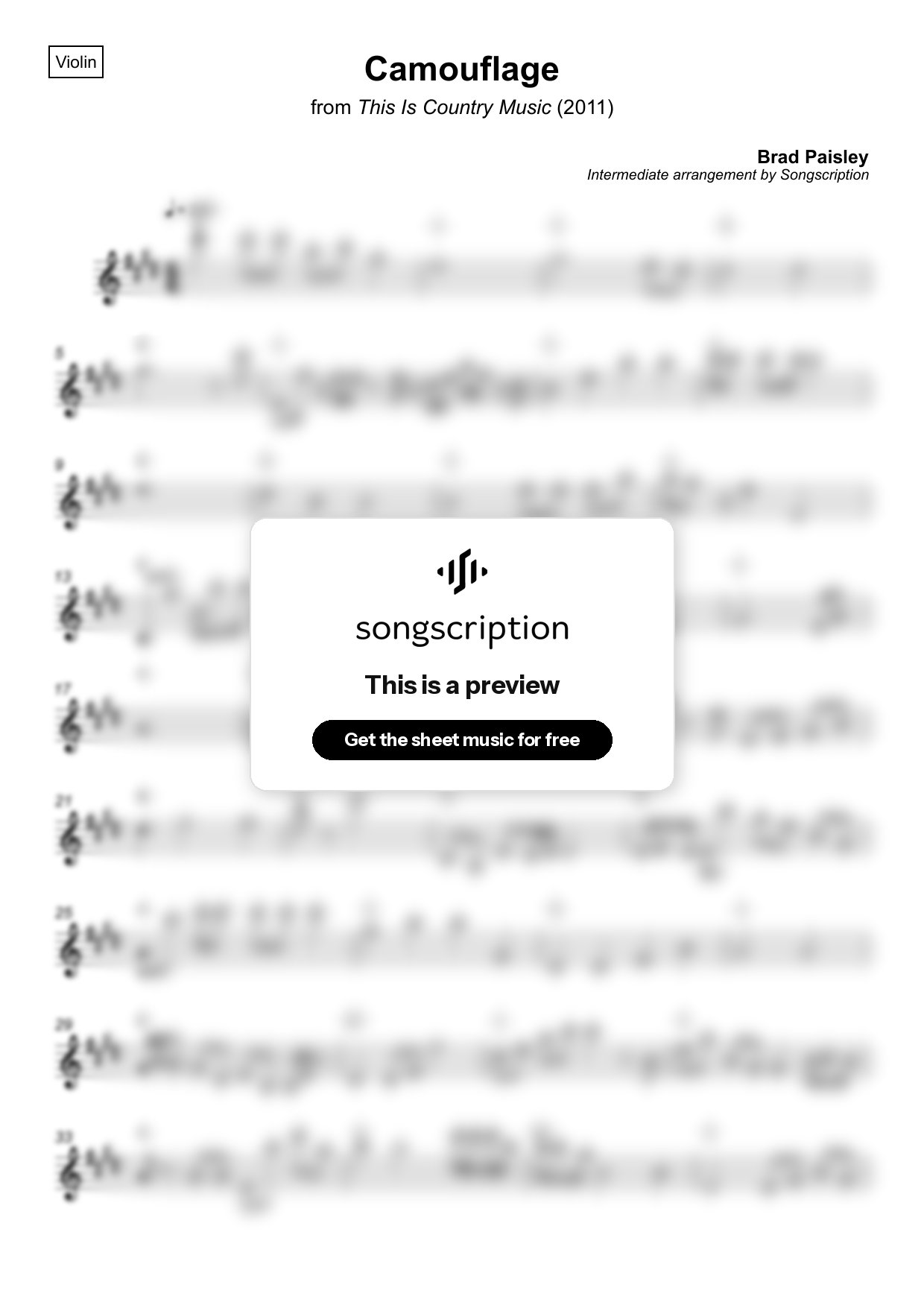 Intermediate Violin Sheet Music for "Camouflage" by Brad Paisley