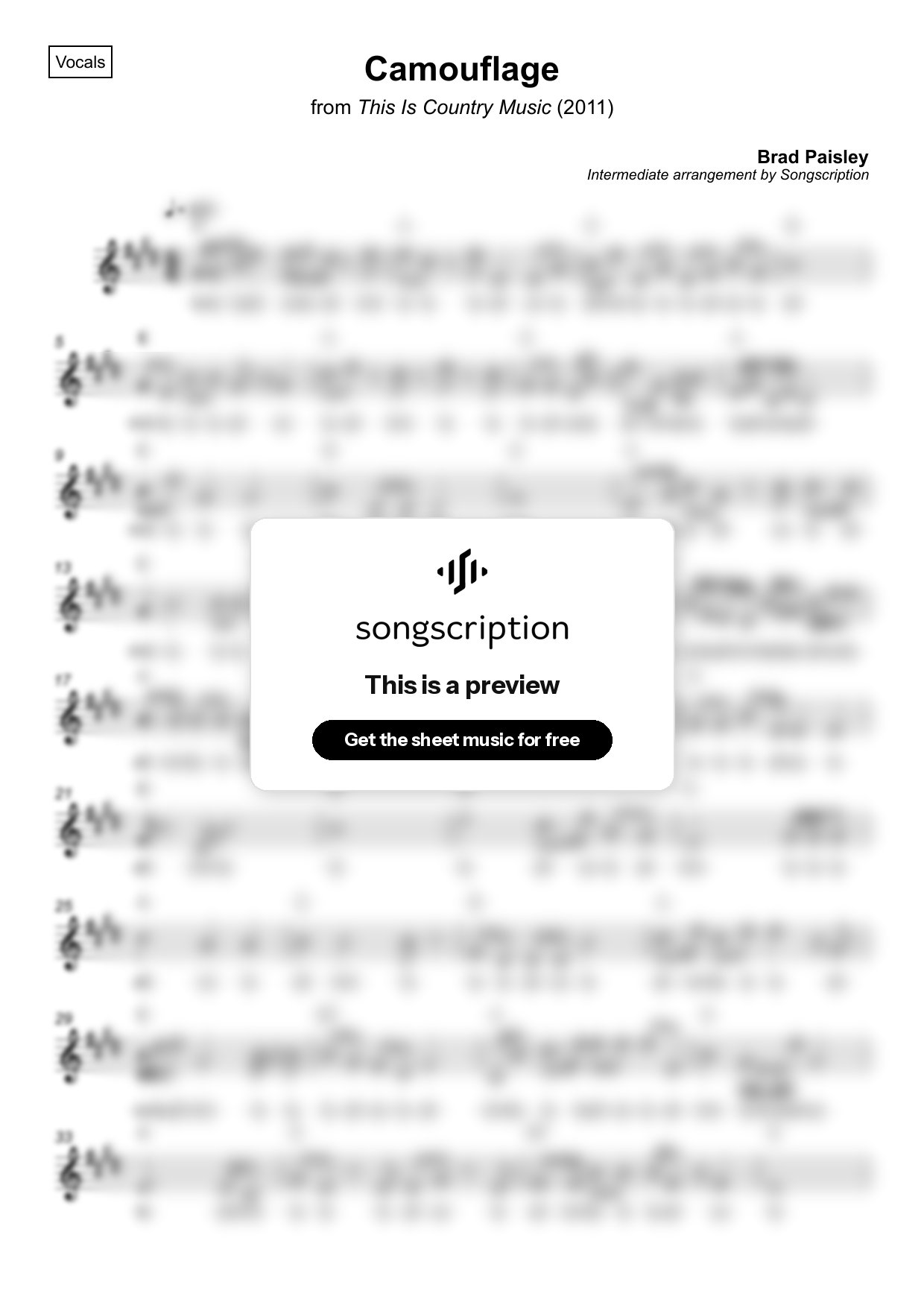 Intermediate Vocals Sheet Music for "Camouflage" by Brad Paisley