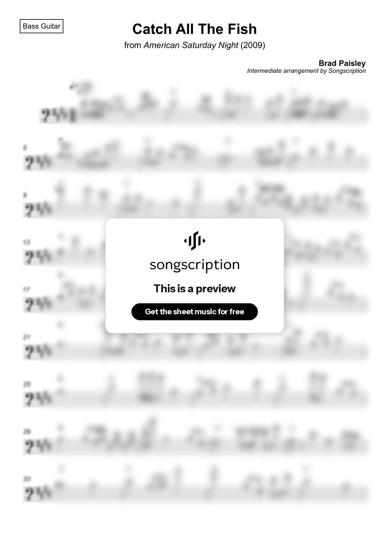 Intermediate Bass Guitar Sheet Music for "Catch All The Fish" by Brad Paisley