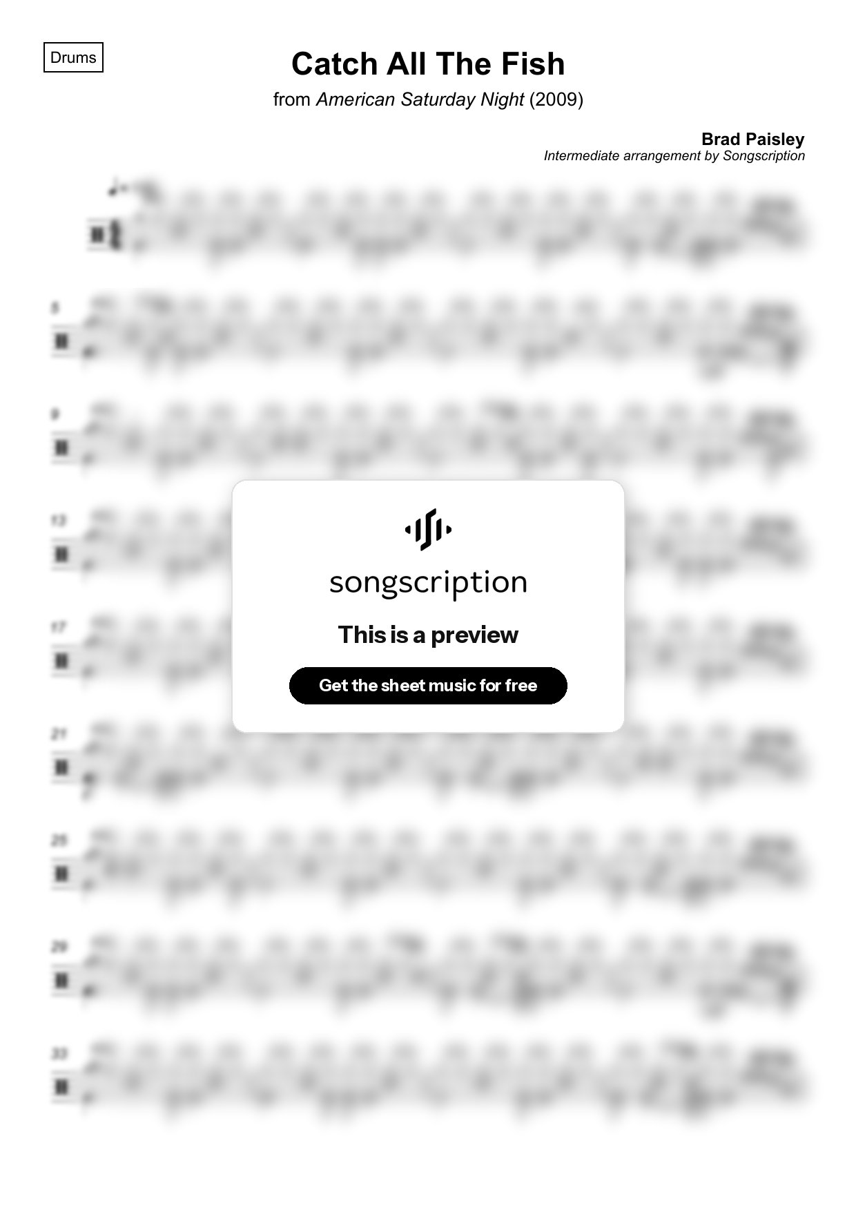 Intermediate Drums Sheet Music for "Catch All The Fish" by Brad Paisley