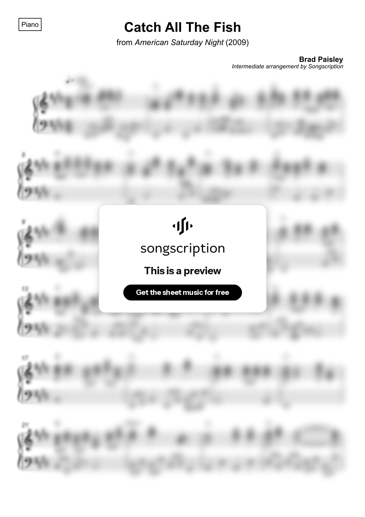 Intermediate Piano Sheet Music for "Catch All The Fish" by Brad Paisley