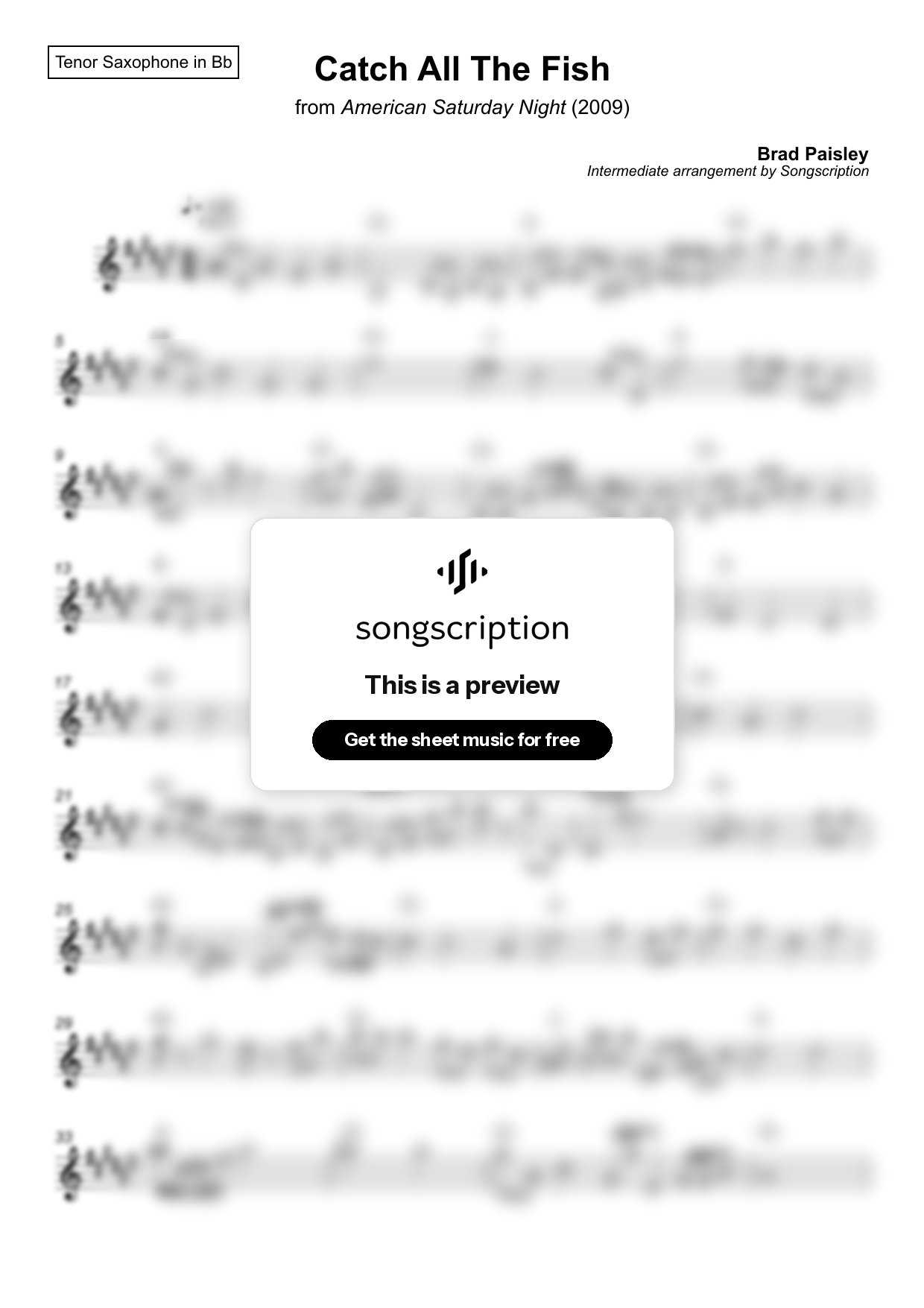 Intermediate Tenor Sax Sheet Music for "Catch All The Fish" by Brad Paisley
